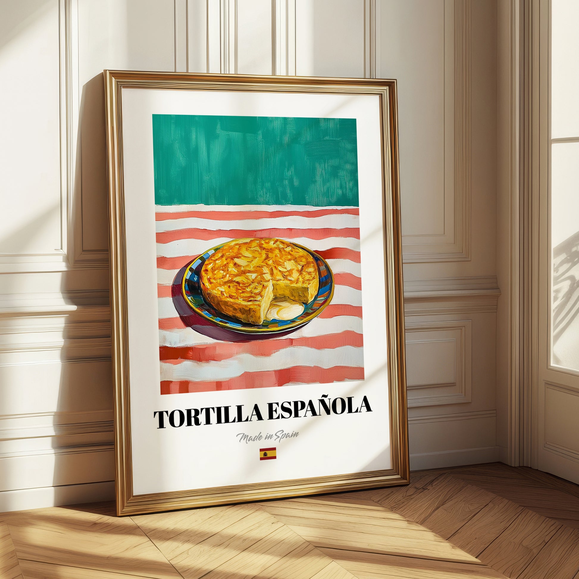 Tortilla Española – on Striped Tablecloth, Spanish Food Wall Decor