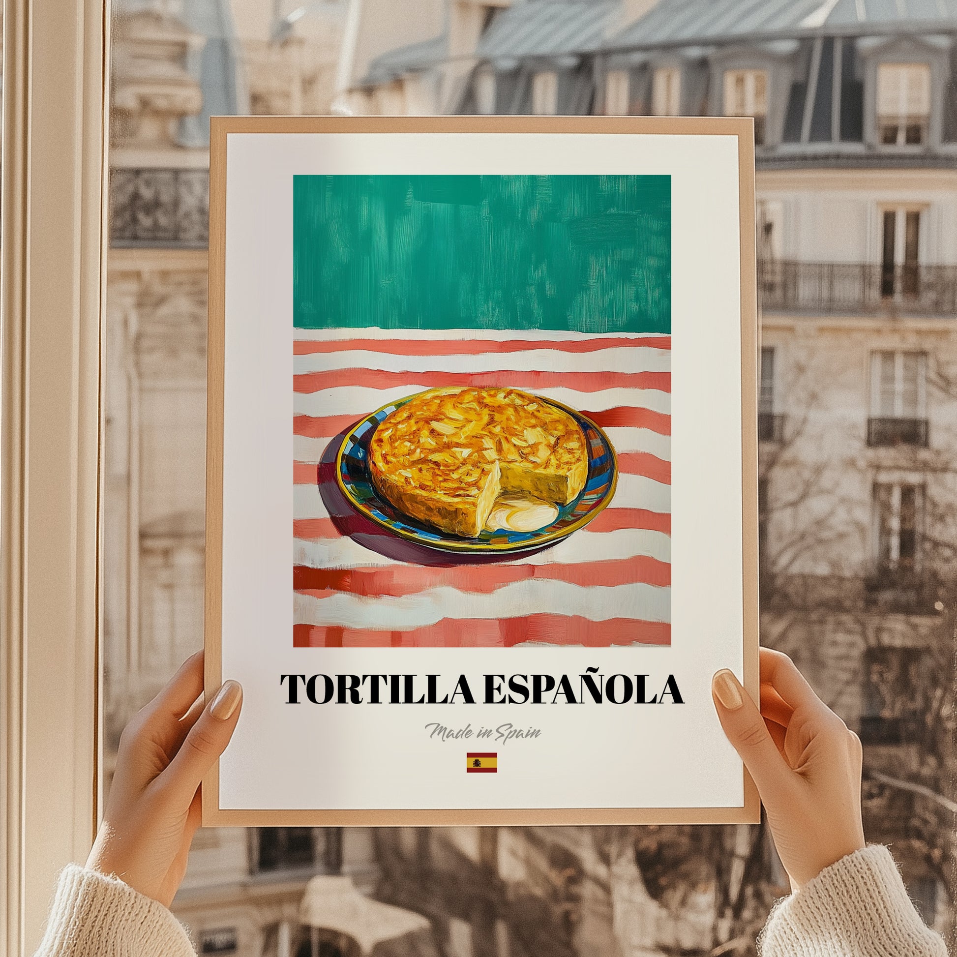 Tortilla Española – on Striped Tablecloth, Spanish Food Wall Decor, styled in a charming Paris street view