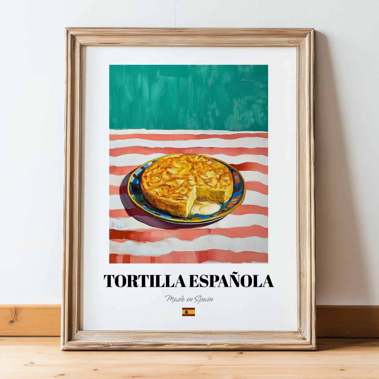 Tortilla Española – on Striped Tablecloth, Spanish Food Wall Decor, in wooden frame leaning on the floor