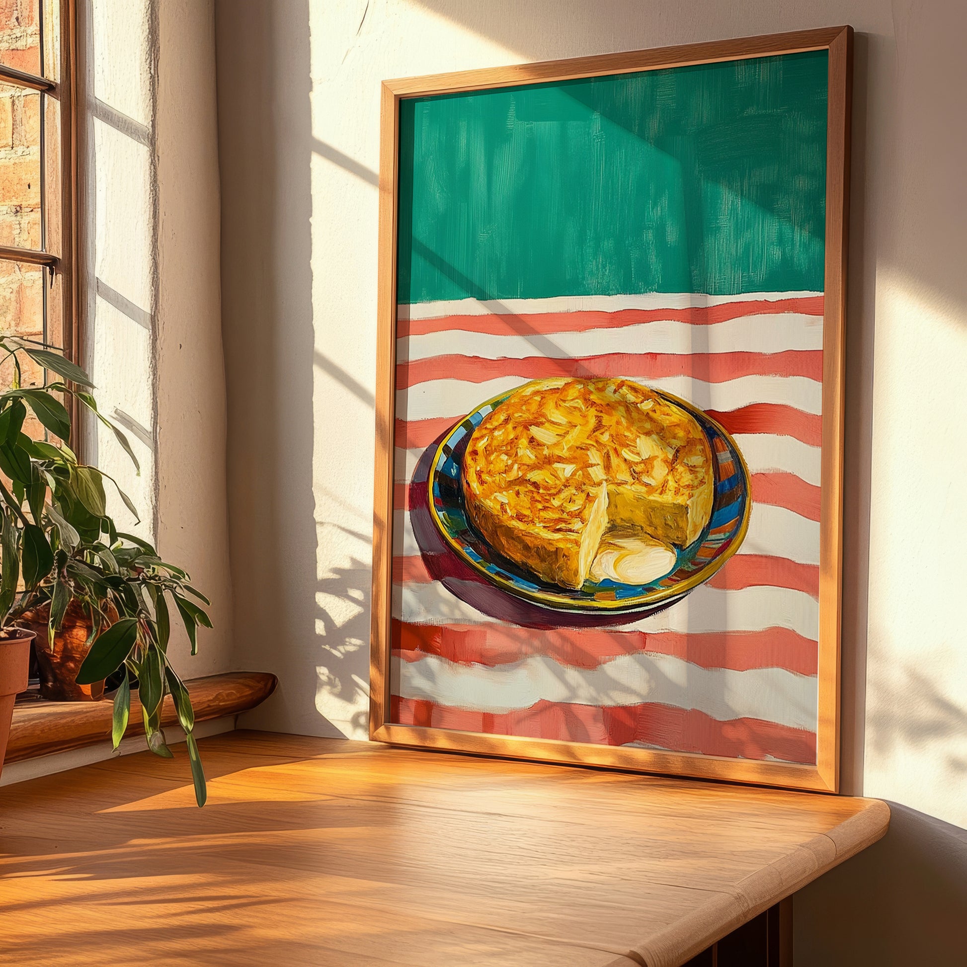 Tortilla Española – on Striped Tablecloth, Spanish Food Wall Decor, clean layout with no caption