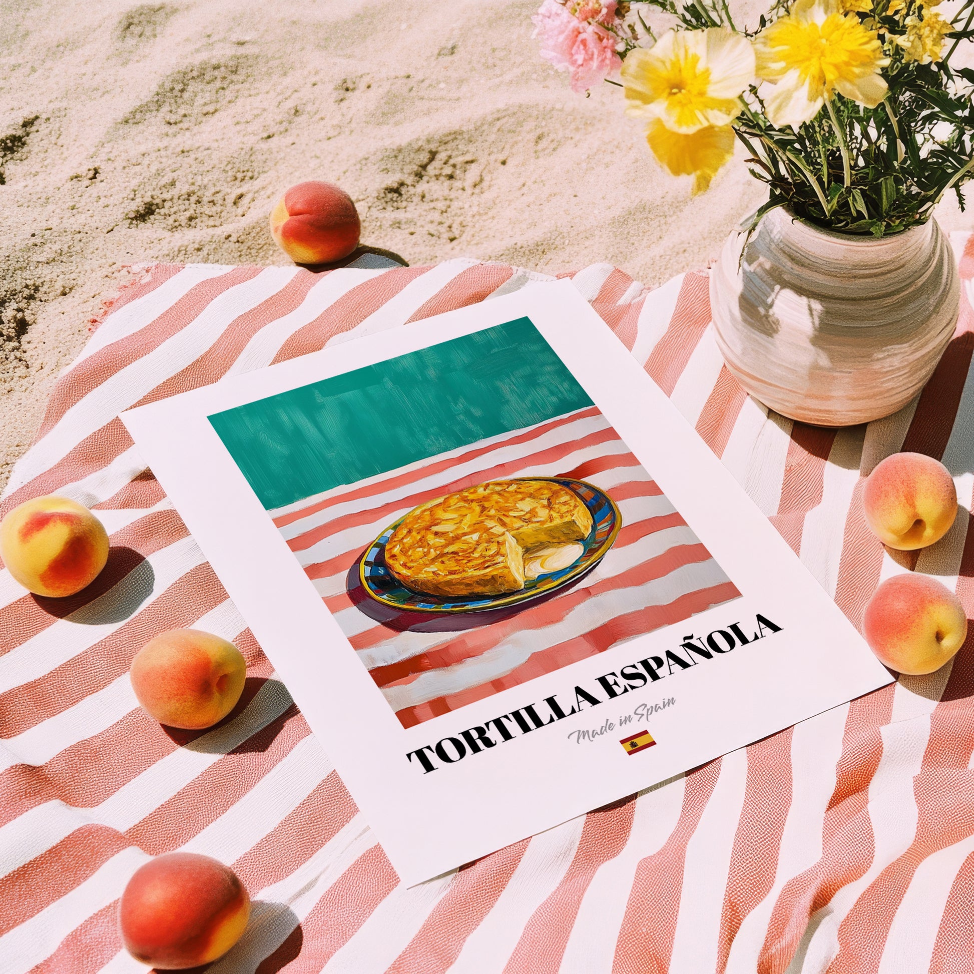 Tortilla Española – on Striped Tablecloth, Spanish Food Wall Decor, unframed on coastal sand