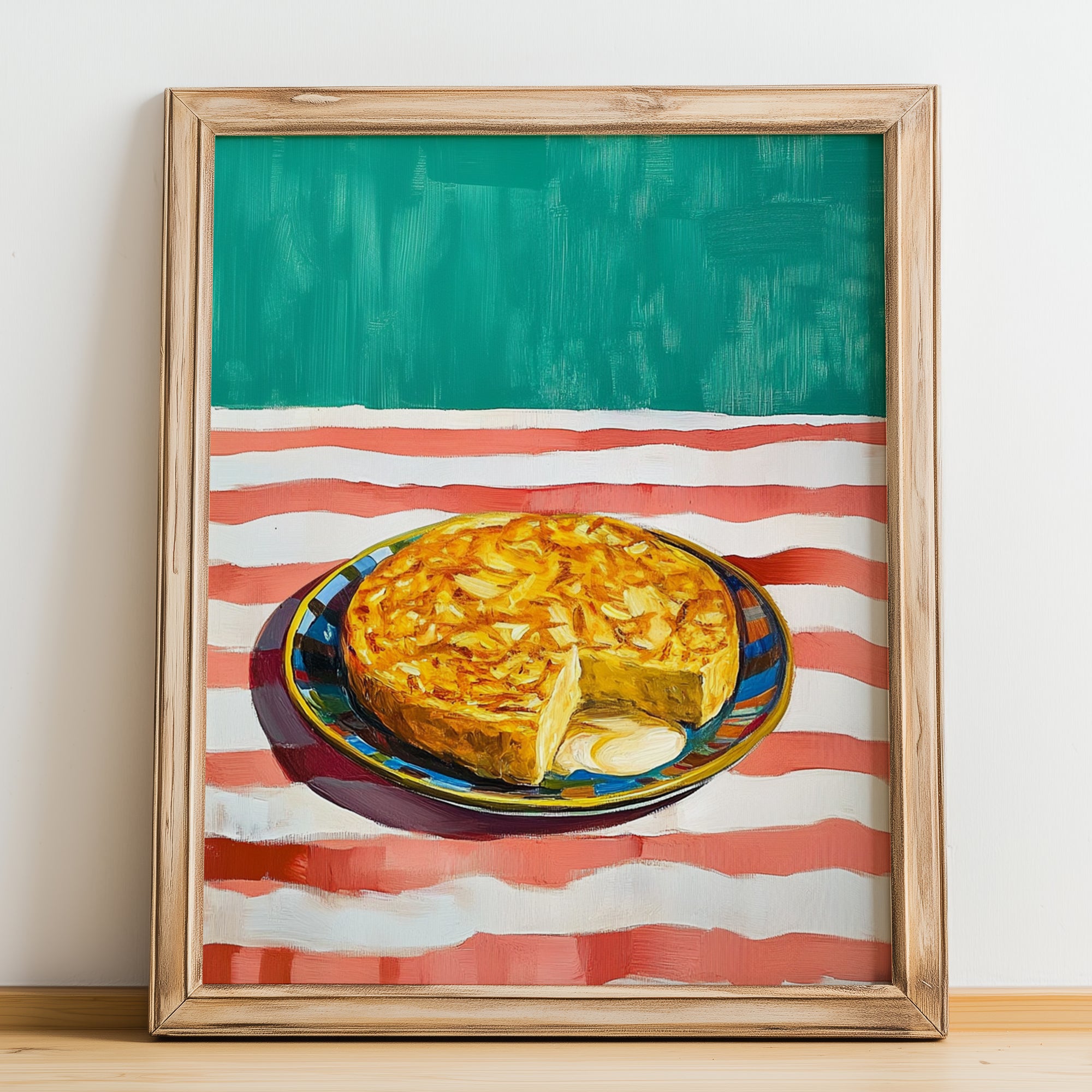 Tortilla Española – on Striped Tablecloth, Spanish Food Wall Decor, no-text version framed in wood