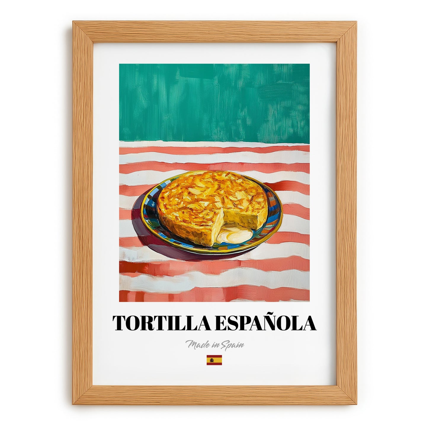 Tortilla Española – on Striped Tablecloth, Spanish Food Wall Decor, set in oak frame