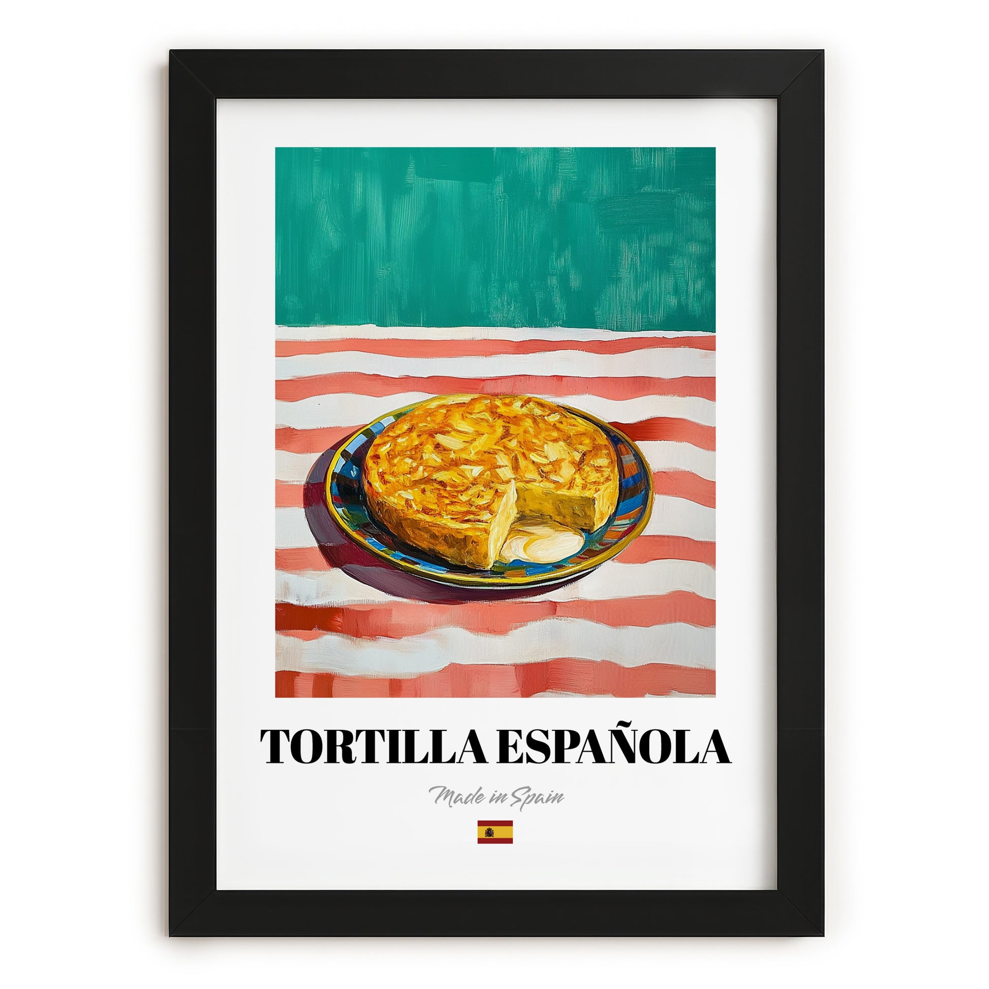 Tortilla Española – on Striped Tablecloth, Spanish Food Wall Decor, in sleek black frame