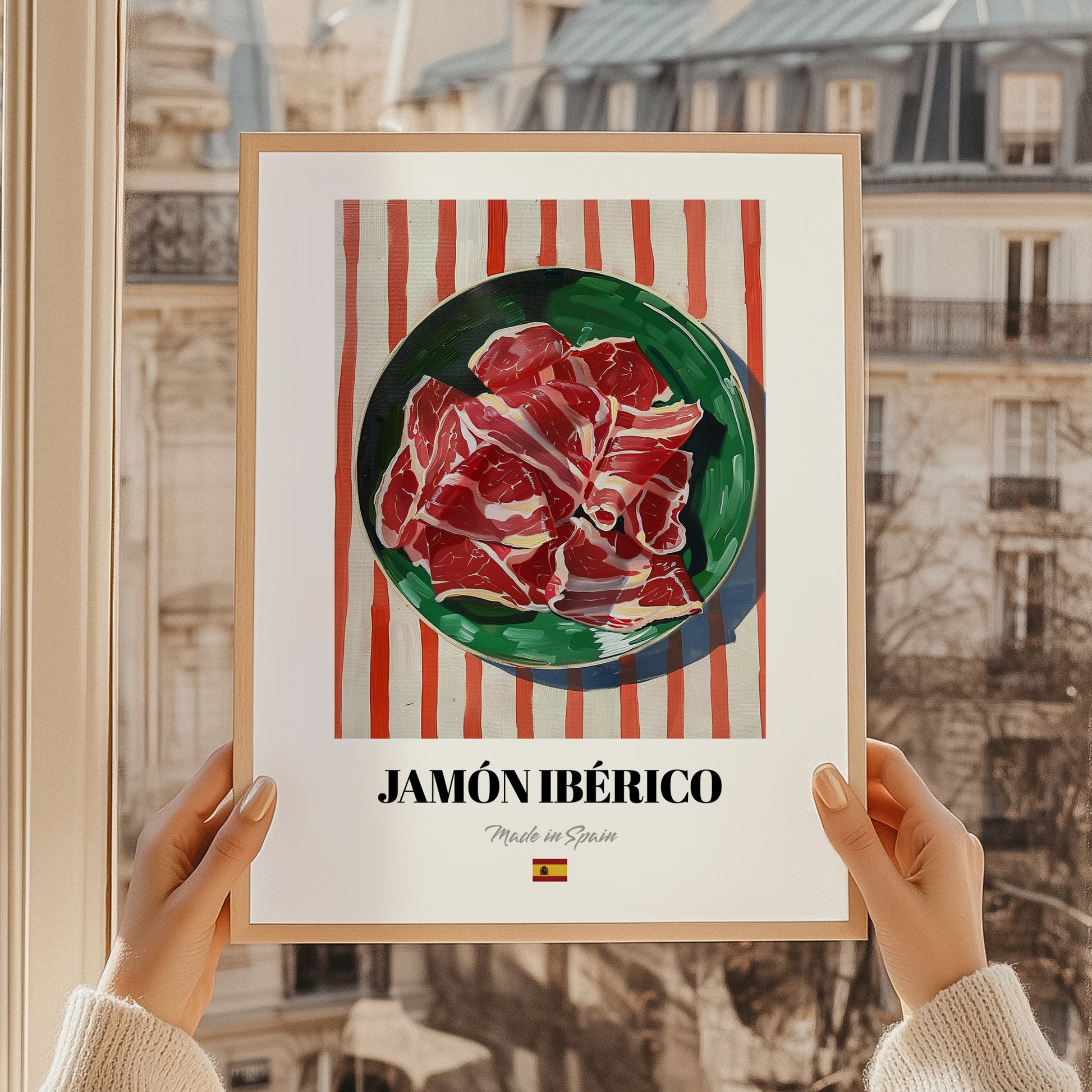 Jamón Ibérico – on Striped Tablecloth, Spanish Food Print, styled in a charming Paris street view