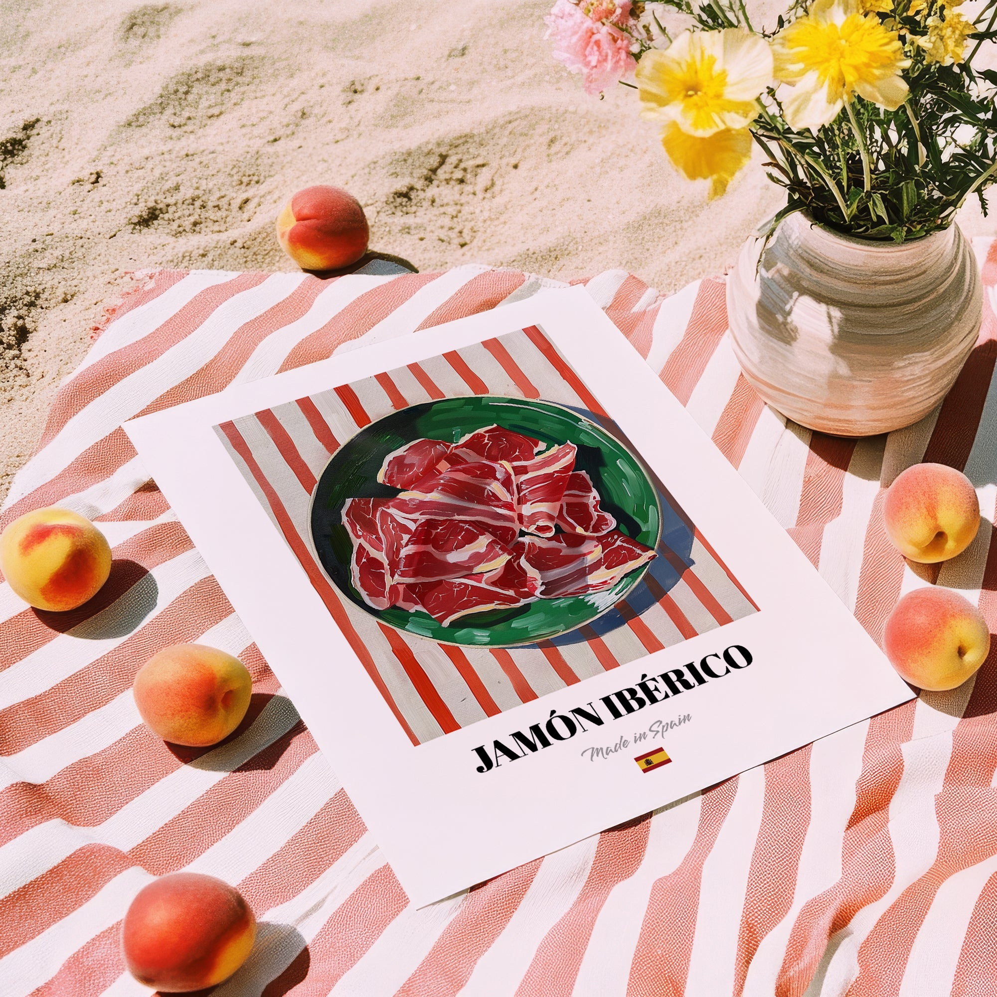 Jamón Ibérico – on Striped Tablecloth, Spanish Food Print, unframed on coastal sand