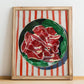 Jamón Ibérico – on Striped Tablecloth, Spanish Food Print, no-text version framed in wood