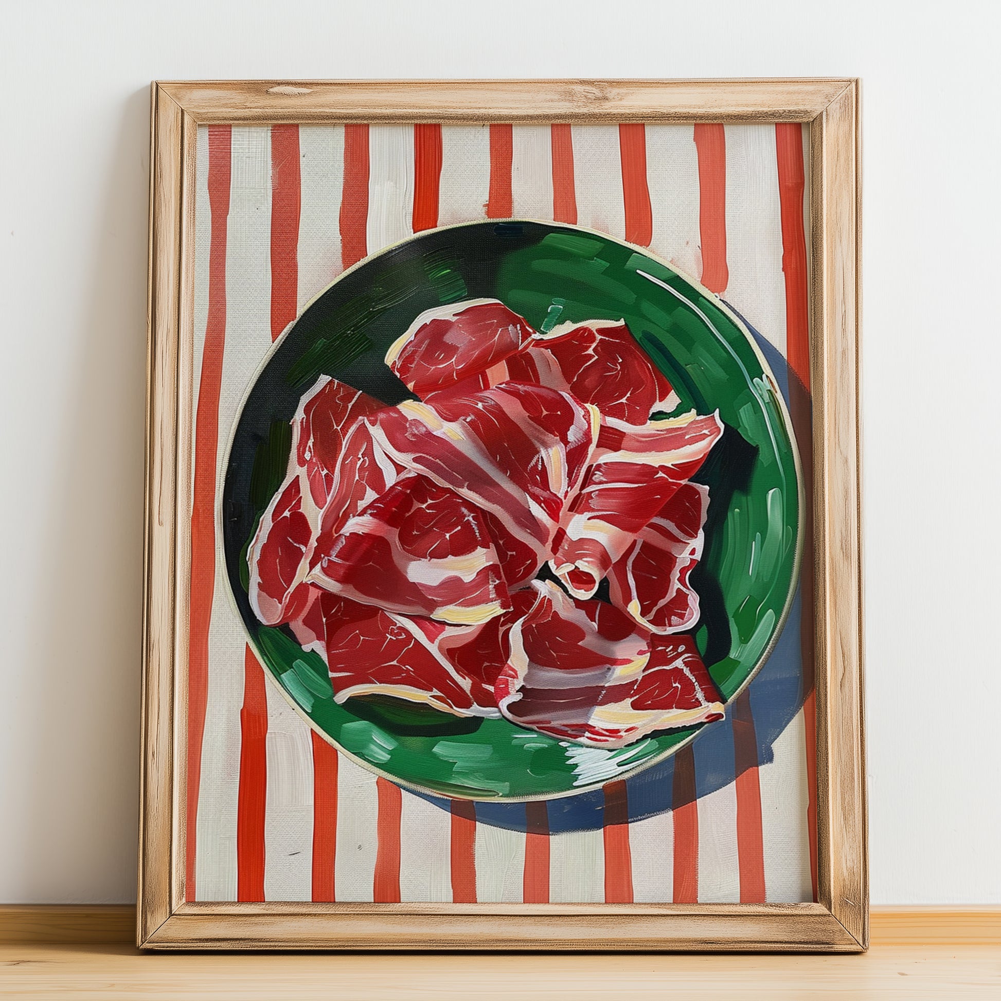 Jamón Ibérico – on Striped Tablecloth, Spanish Food Print, no-text version framed in wood