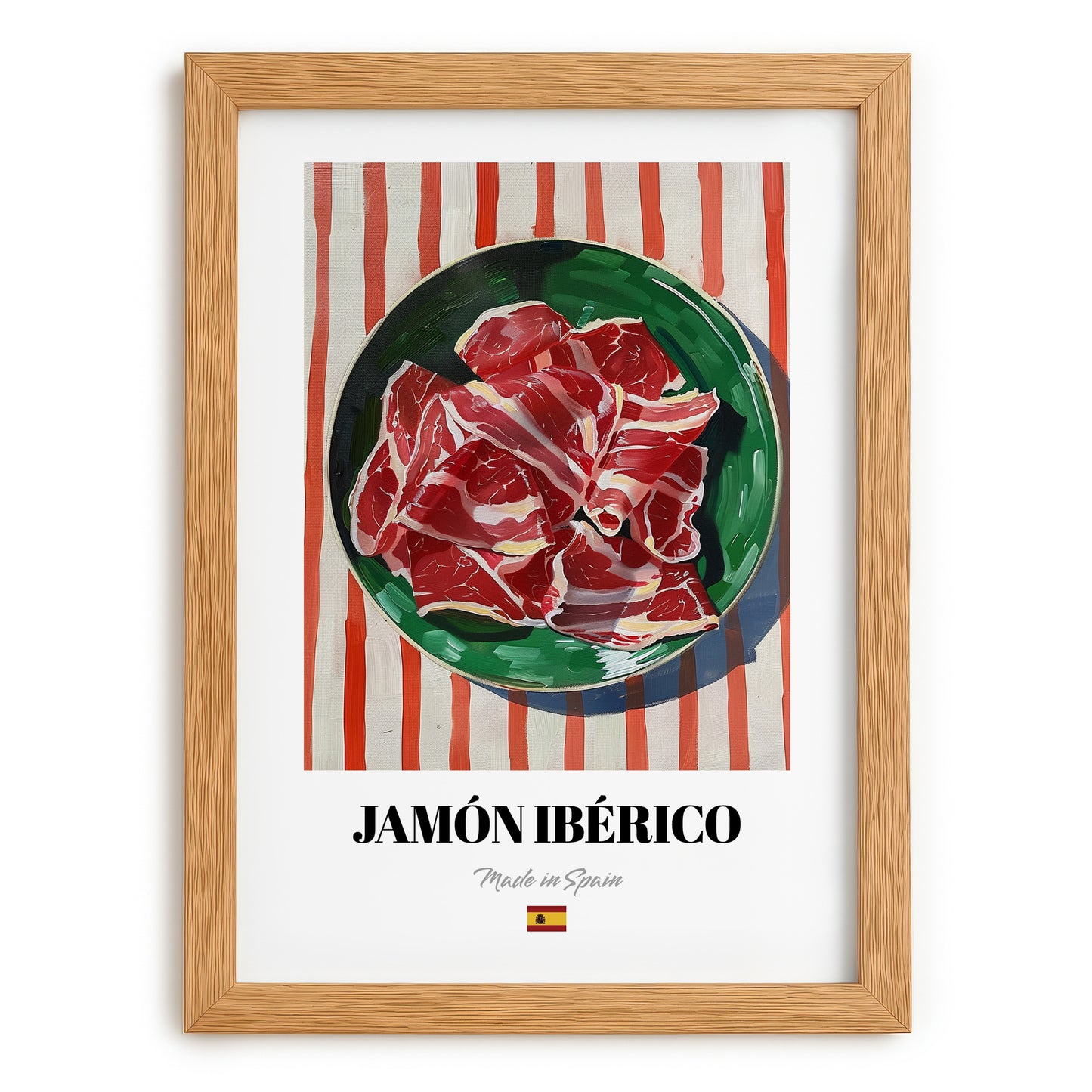 Jamón Ibérico – on Striped Tablecloth, Spanish Food Print, set in oak frame