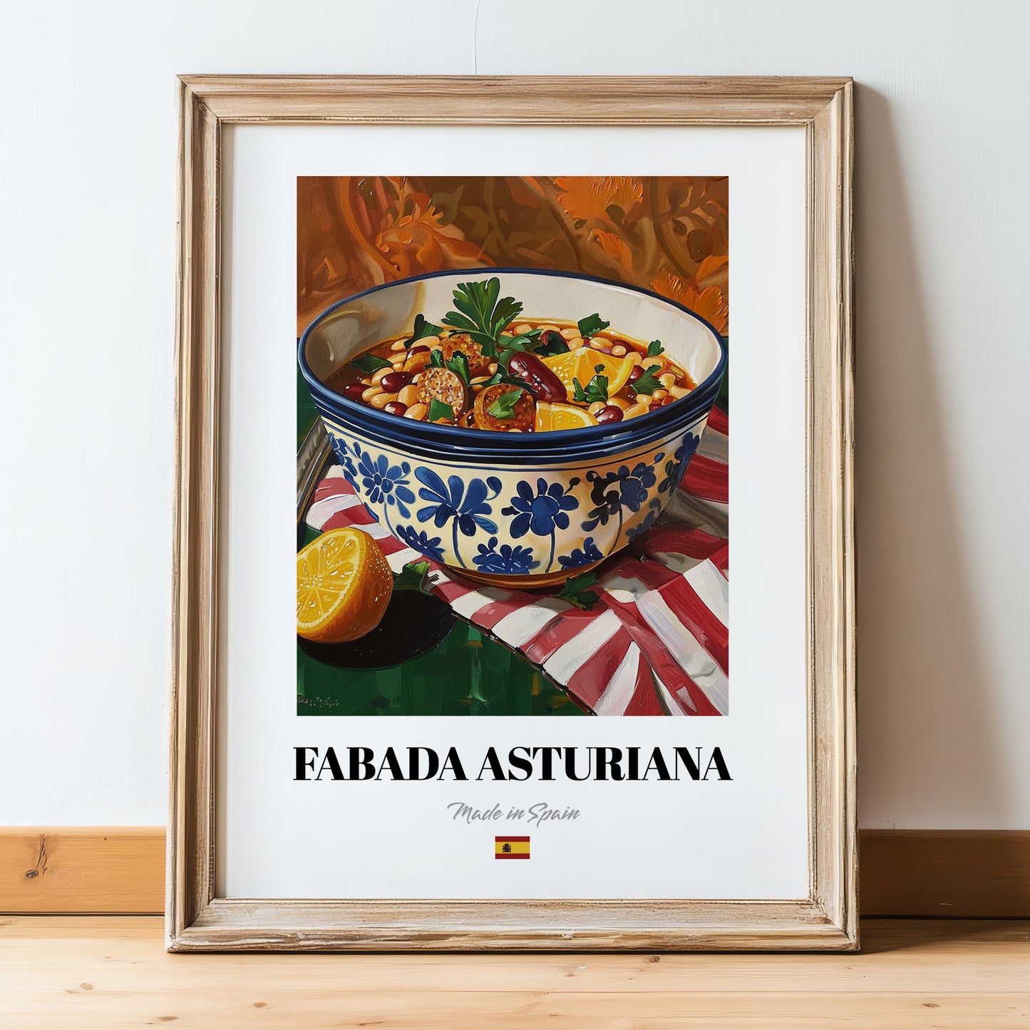 Fabada Asturiana – Art, Spanish Food Wall Art, in wooden frame leaning on the floor