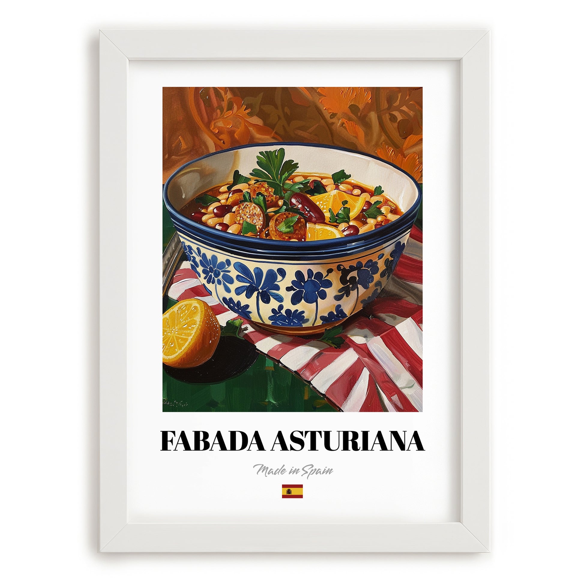 Fabada Asturiana – Art, Spanish Food Wall Art, placed in minimal white frame