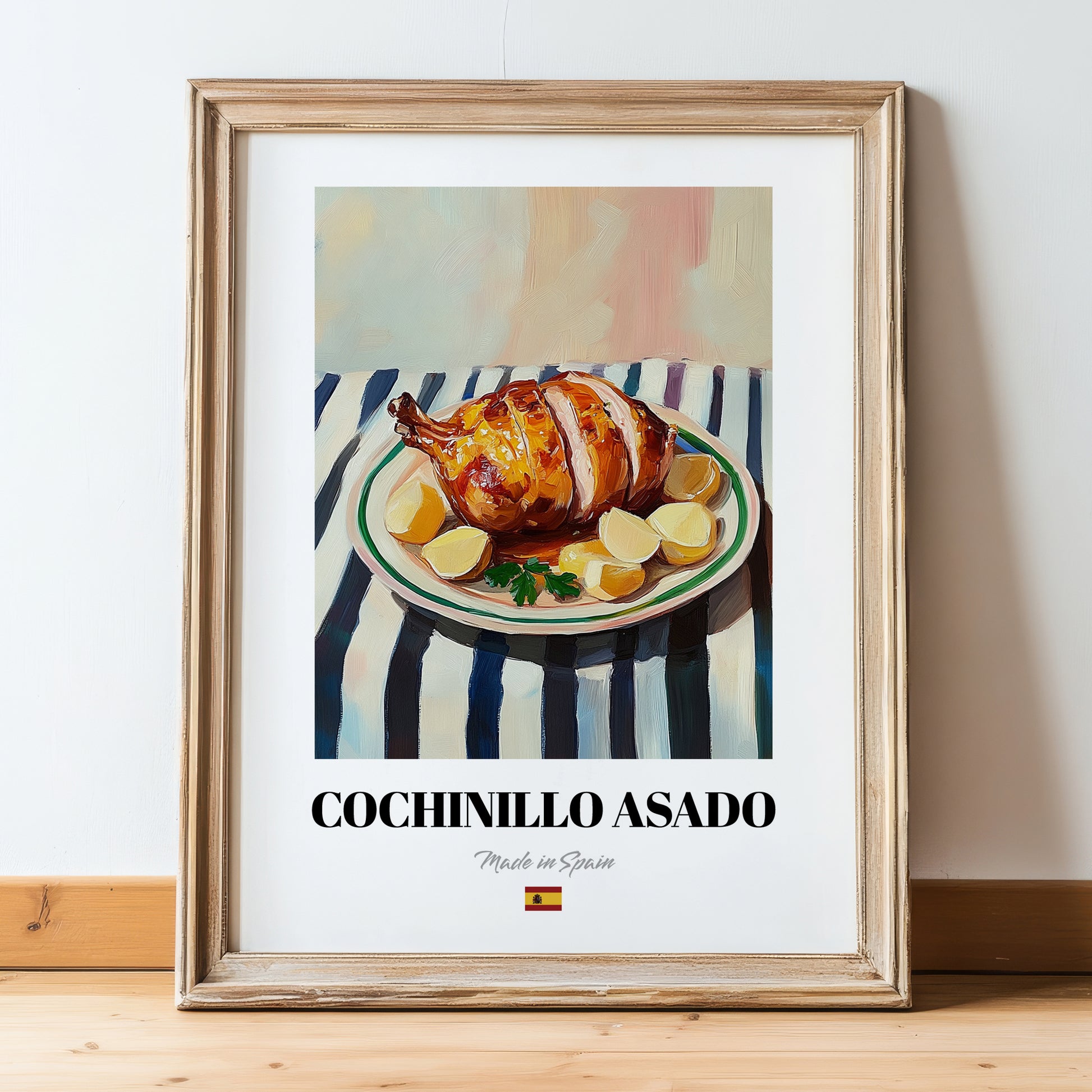 Cochinillo Asado – on Striped Tablecloth, Spanish Food Wall Decor, in wooden frame leaning on the floor