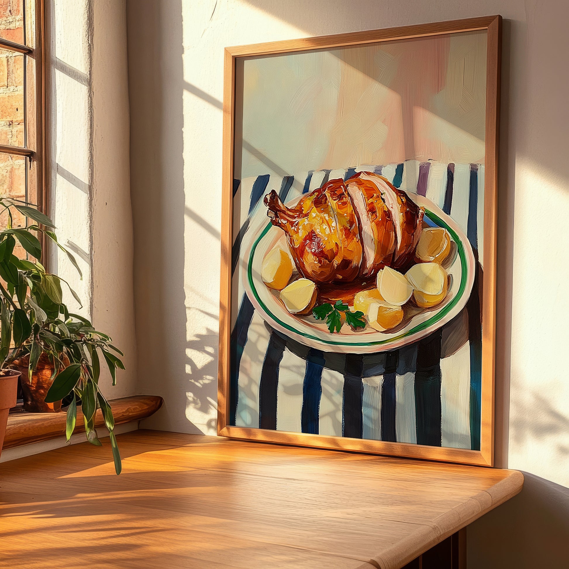 Cochinillo Asado – on Striped Tablecloth, Spanish Food Wall Decor, clean layout with no caption
