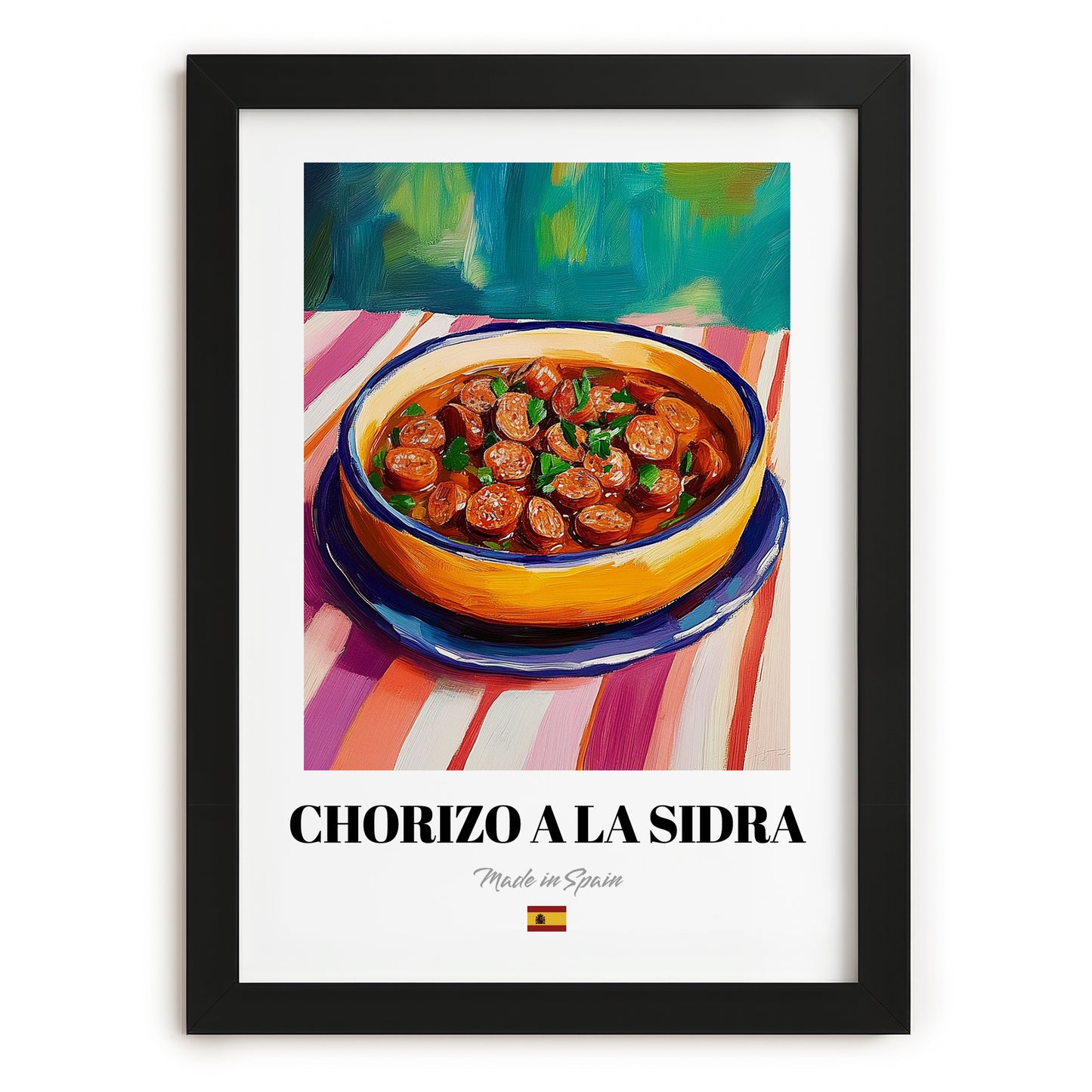 Chorizo a la Sidra – Art, Spanish Food Painting, in sleek black frame
