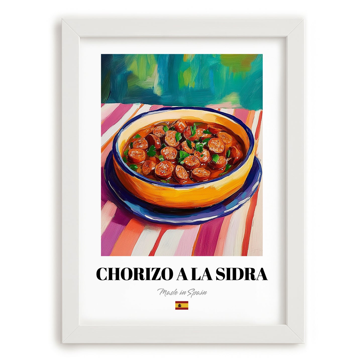 Chorizo a la Sidra – Art, Spanish Food Painting, placed in minimal white frame