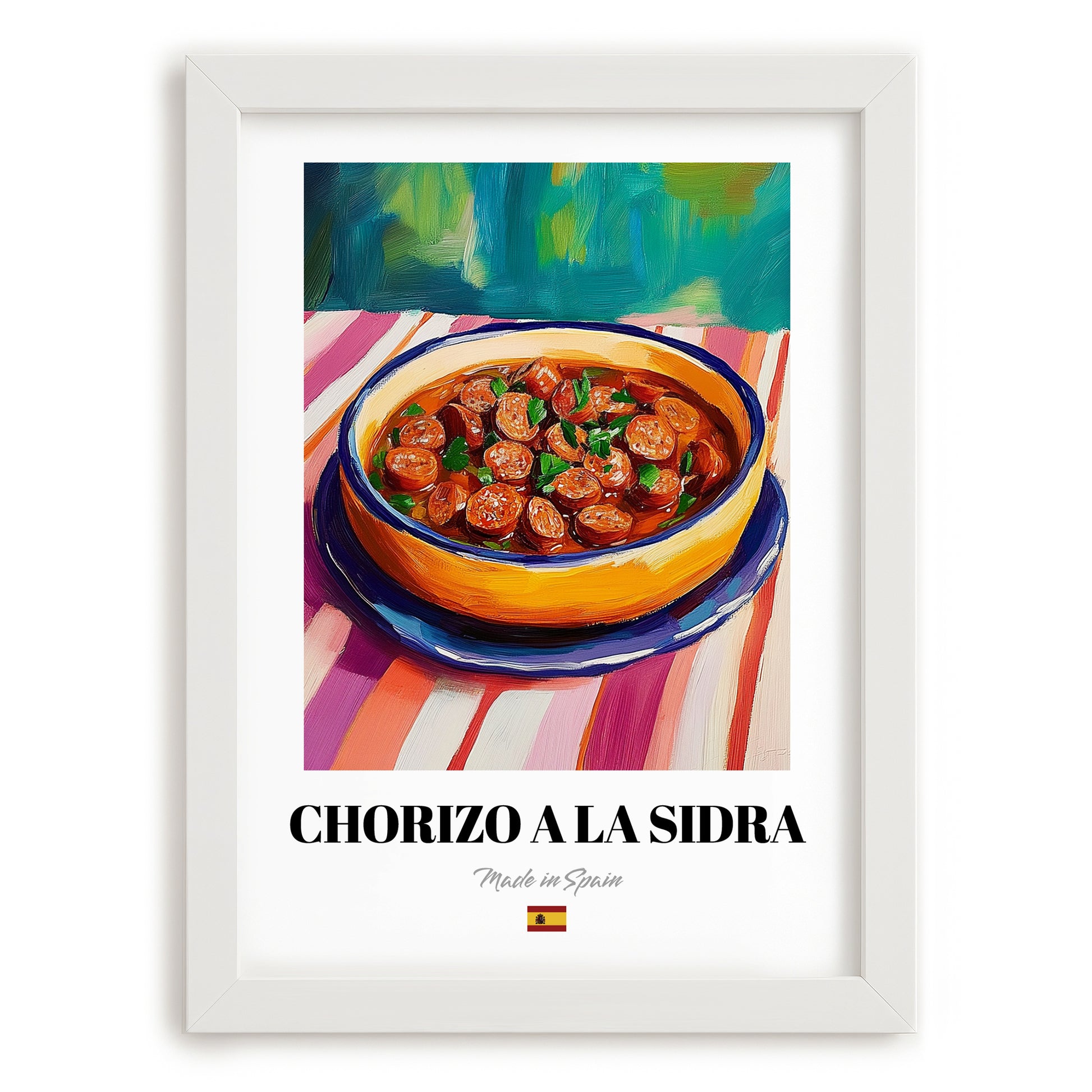 Chorizo a la Sidra – Art, Spanish Food Painting, placed in minimal white frame