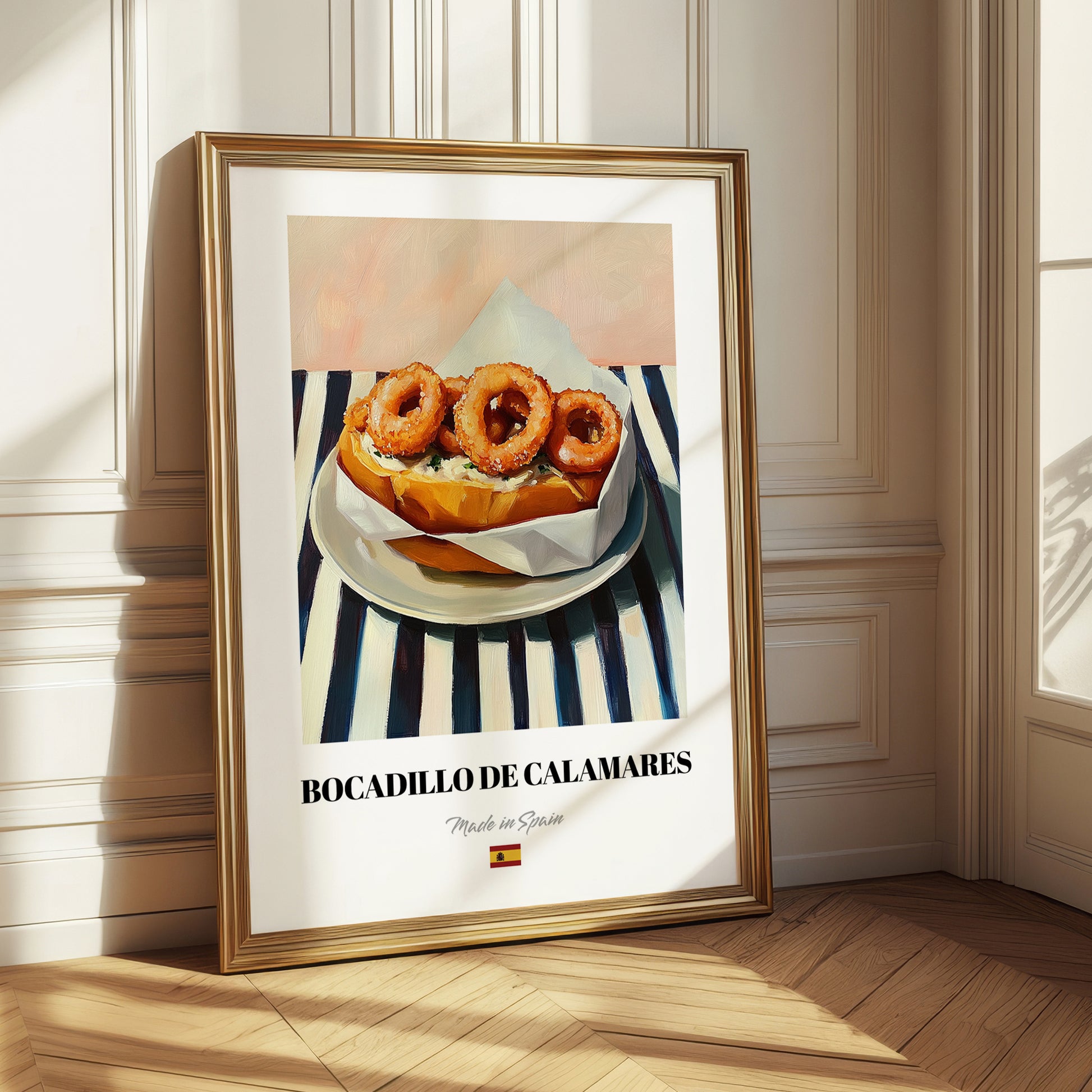 Bocadillo de Calamares – on Striped Tablecloth, Spanish Food Art