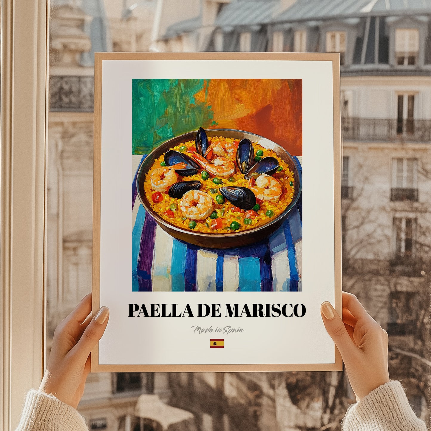 Paella de Marisco – Colorful Oil Painting, Spanish Food Print, styled in a charming Paris street view