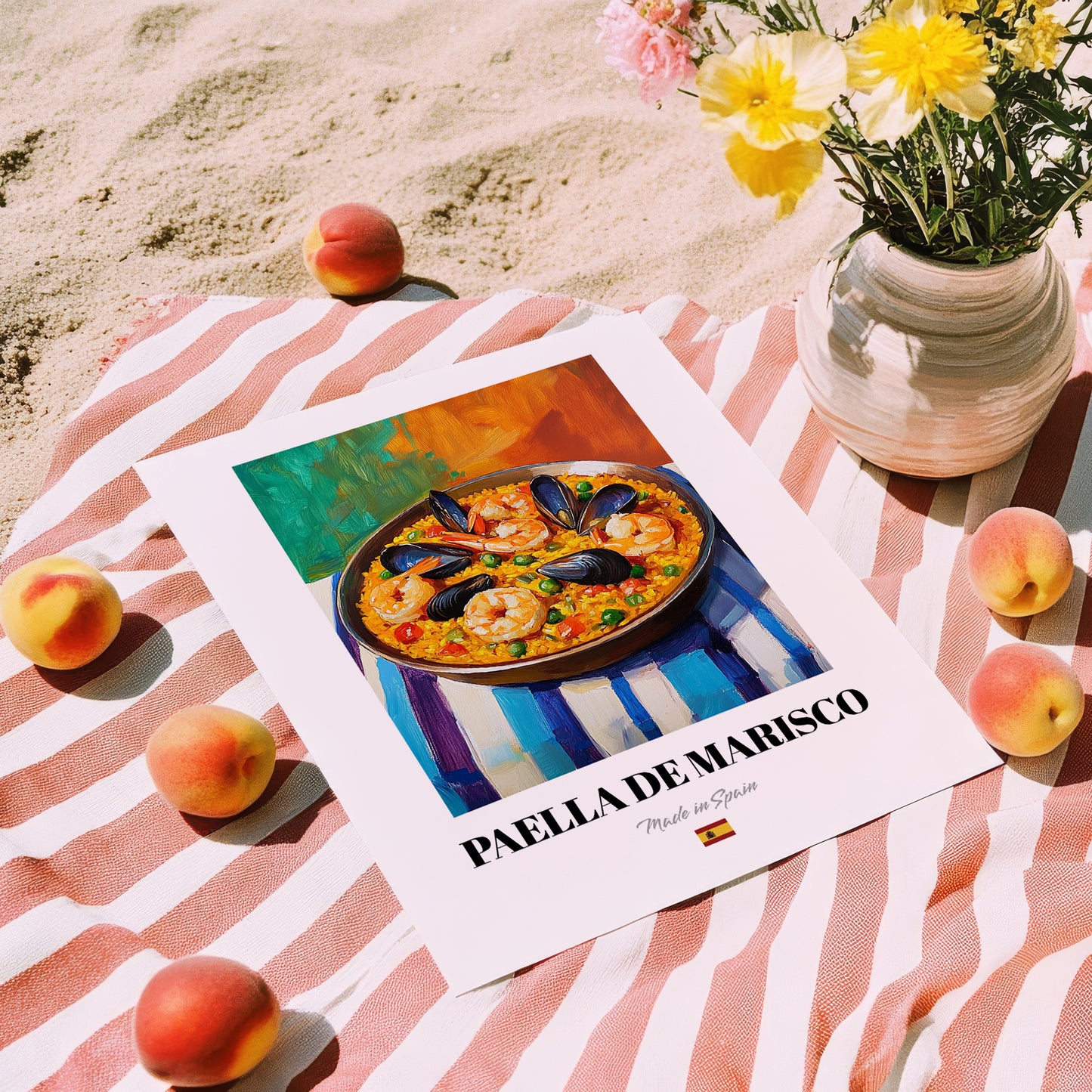 Paella de Marisco – Colorful Oil Painting, Spanish Food Print, unframed on coastal sand