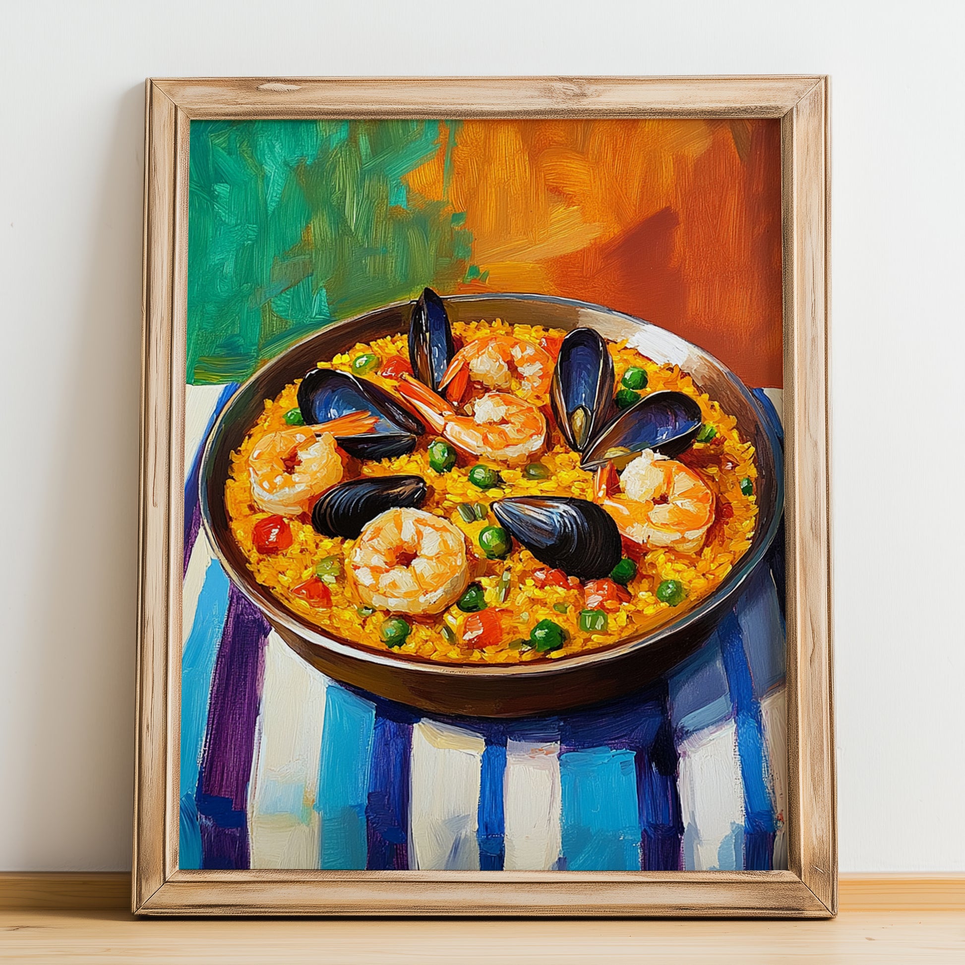 Paella de Marisco – Colorful Oil Painting, Spanish Food Print, no-text version framed in wood