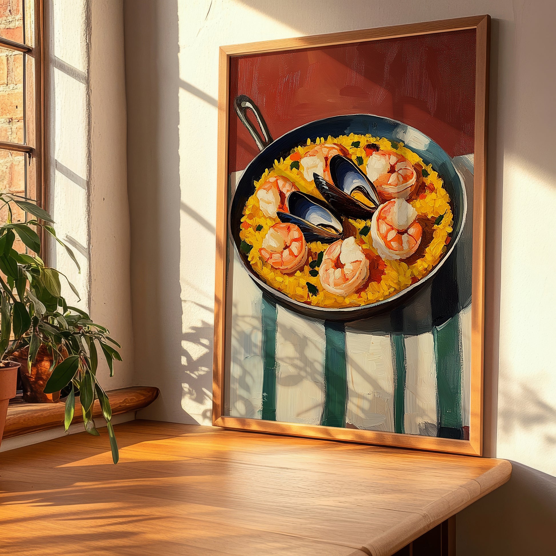 Paella de Marisco – on Striped Tablecloth, Spanish Food Painting, clean layout with no caption