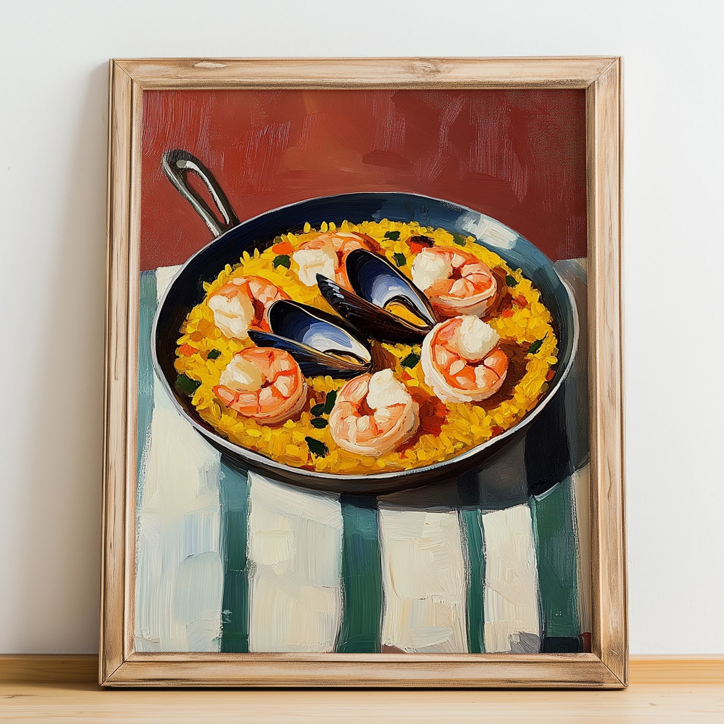 Paella de Marisco – on Striped Tablecloth, Spanish Food Painting, no-text version framed in wood