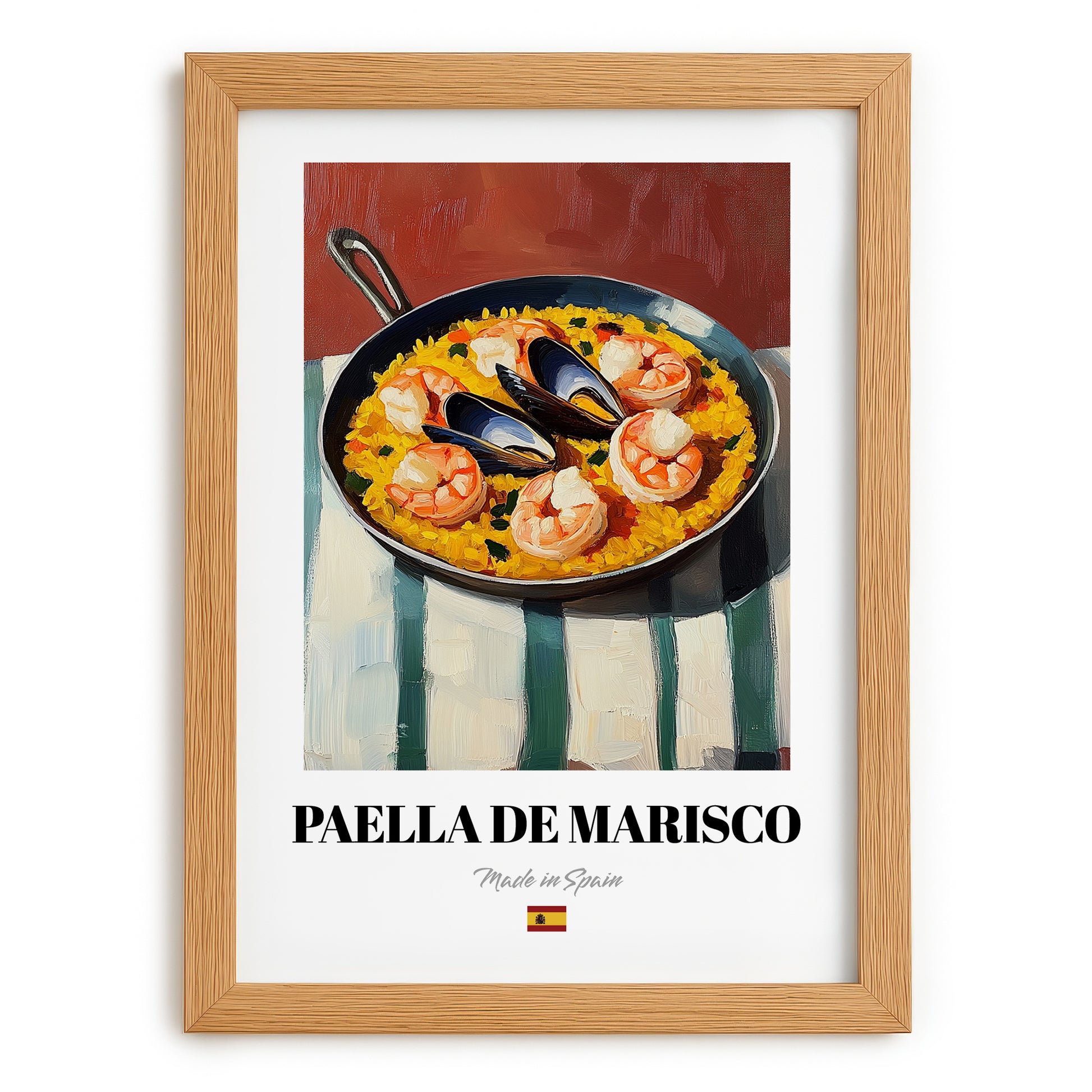 Paella de Marisco – on Striped Tablecloth, Spanish Food Painting, set in oak frame
