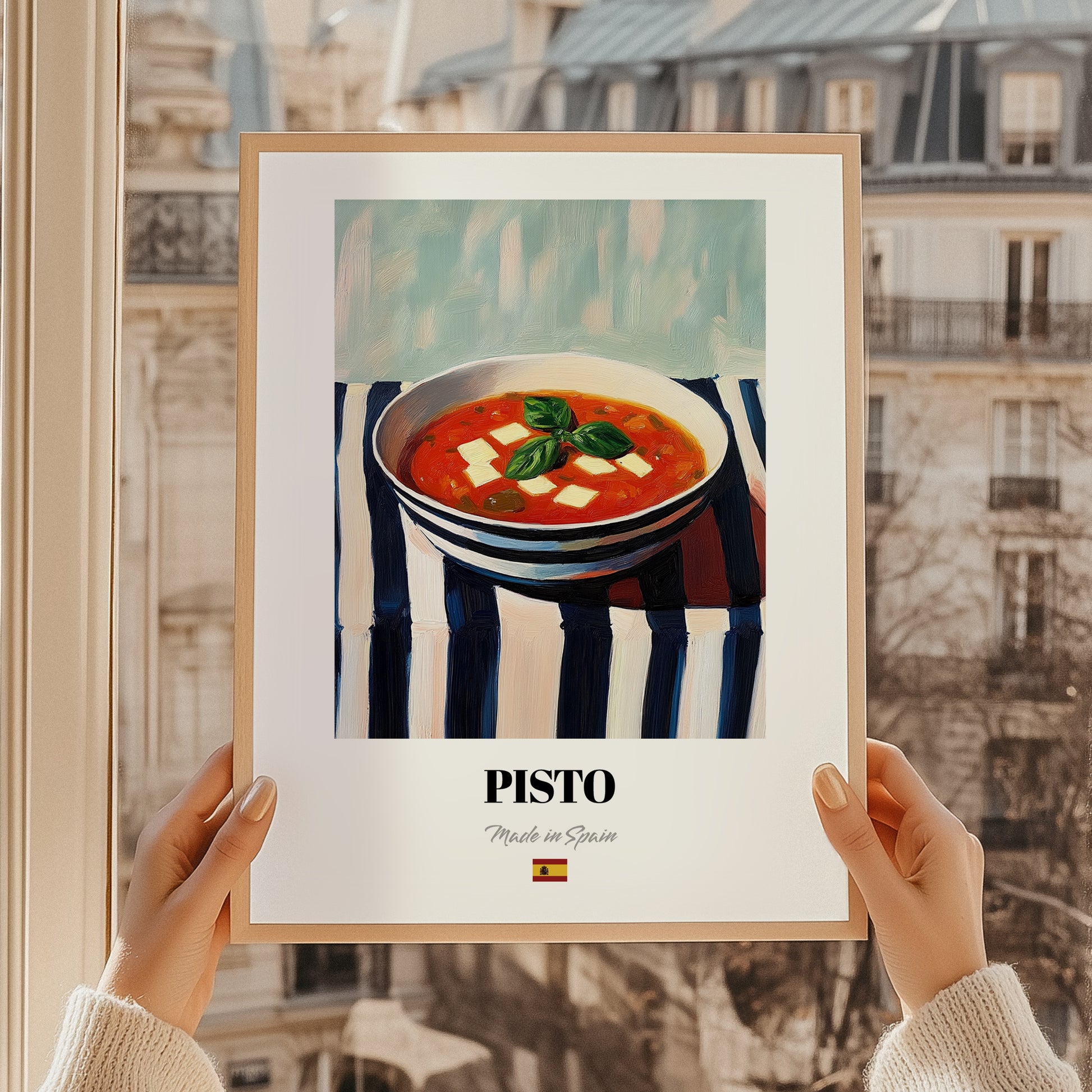 Pisto – on Striped Tablecloth, Spanish Food Painting, styled in a charming Paris street view