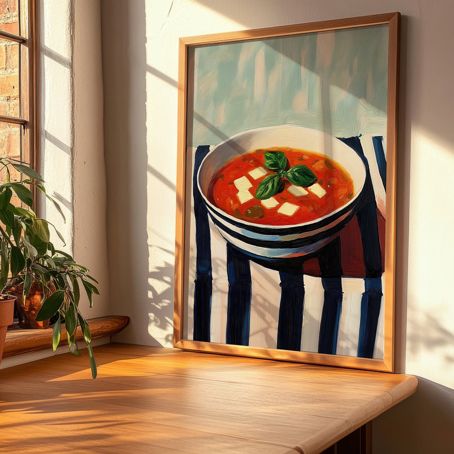 Pisto – on Striped Tablecloth, Spanish Food Painting, clean layout with no caption