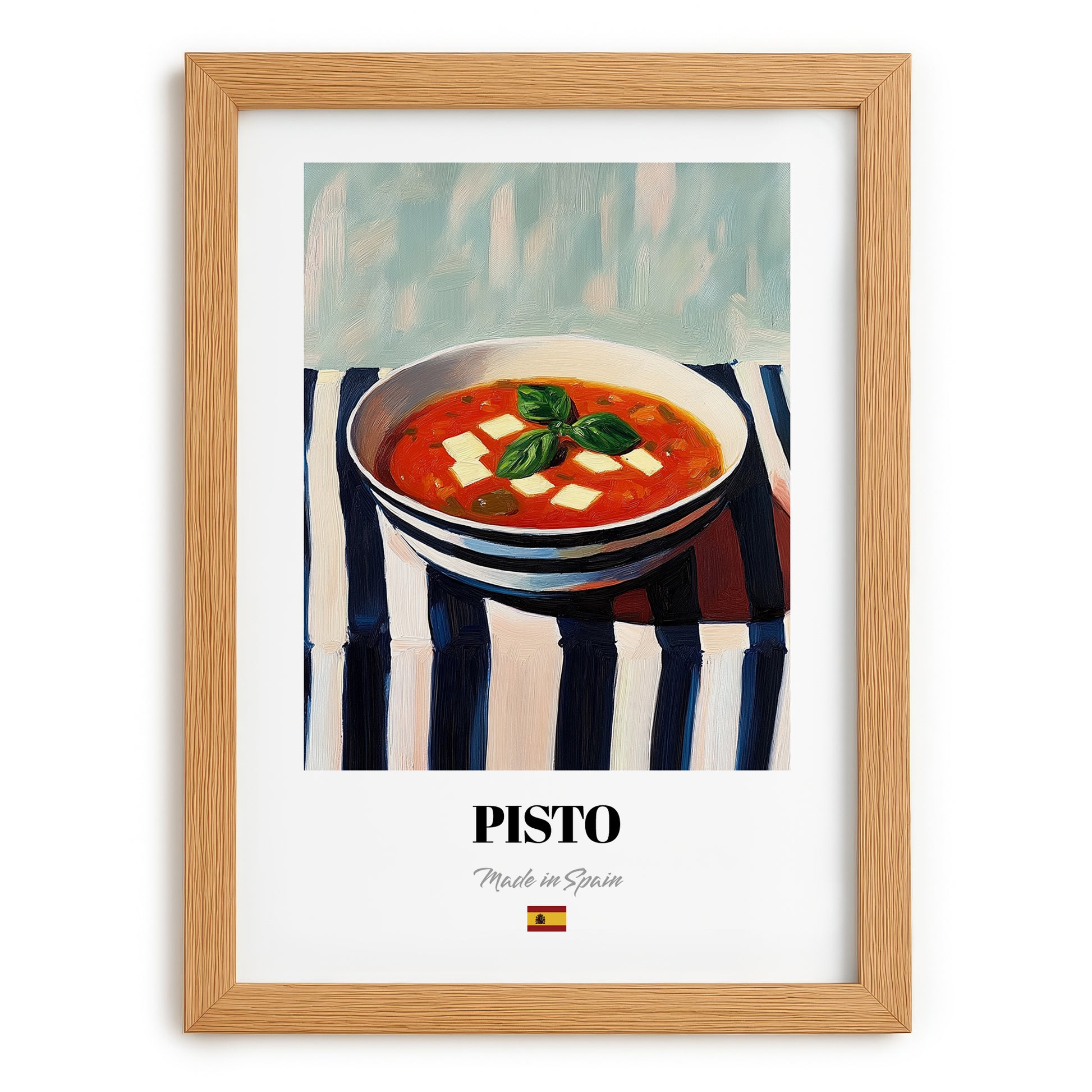 Pisto – on Striped Tablecloth, Spanish Food Painting, set in oak frame