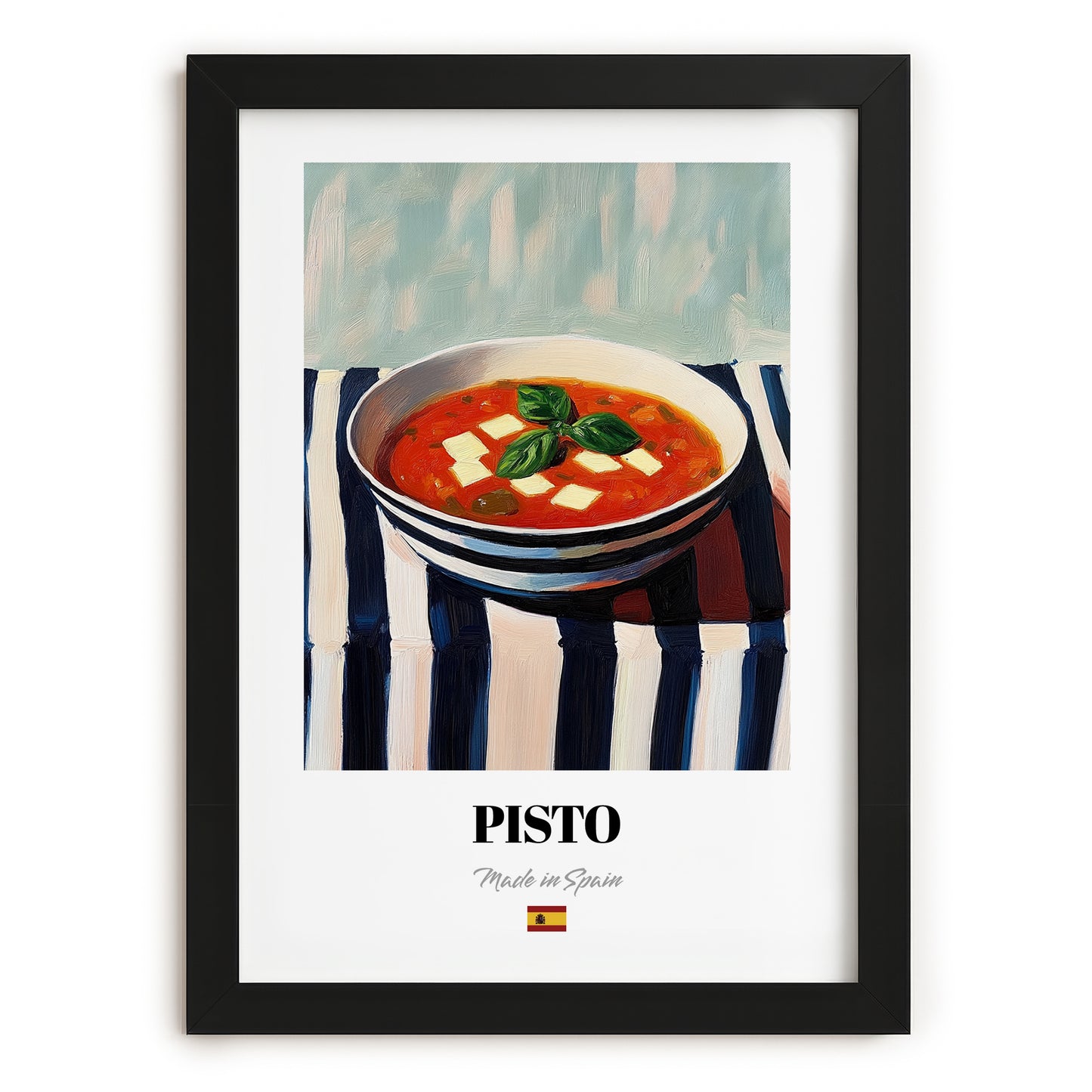 Pisto – on Striped Tablecloth, Spanish Food Painting, in sleek black frame