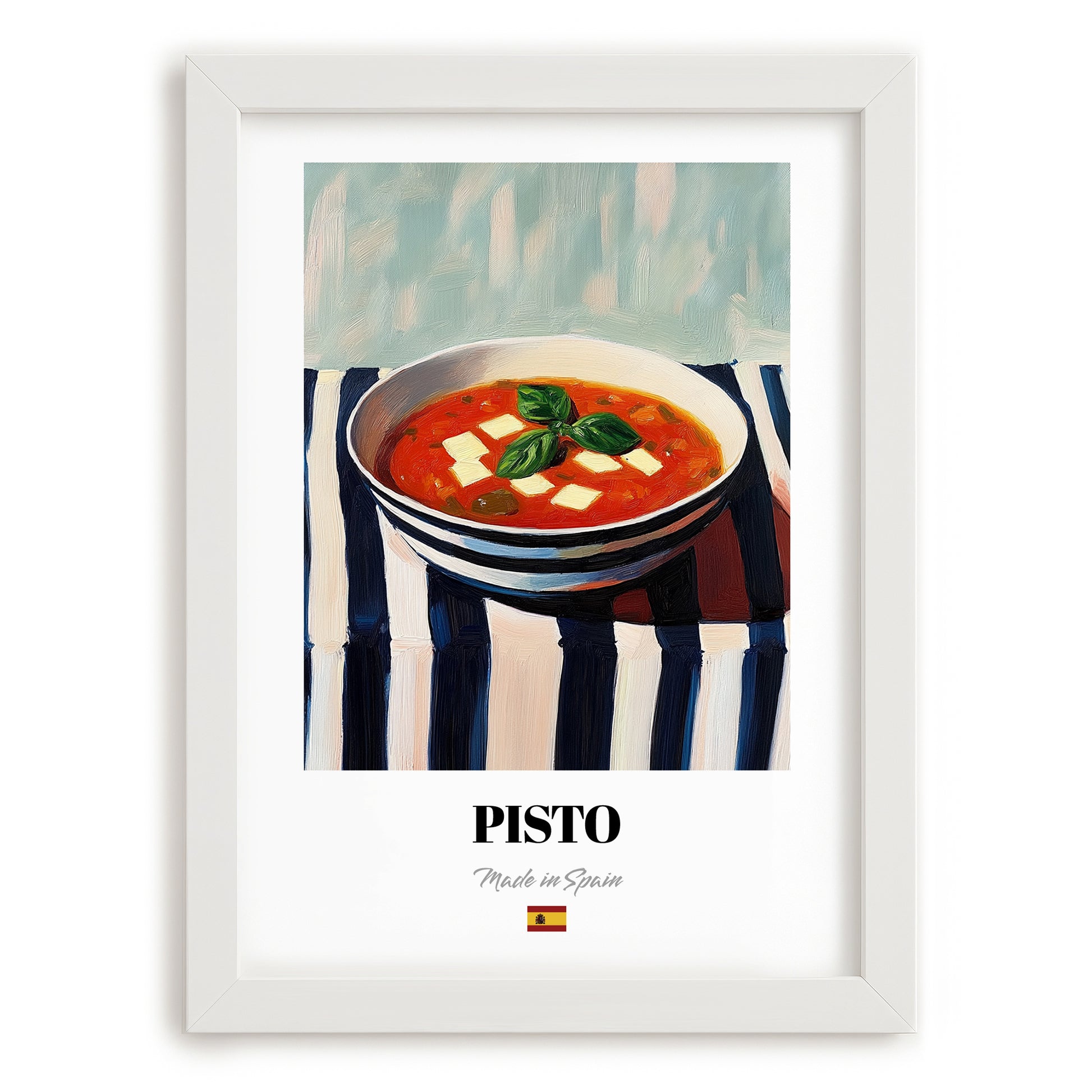 Pisto – on Striped Tablecloth, Spanish Food Painting, placed in minimal white frame
