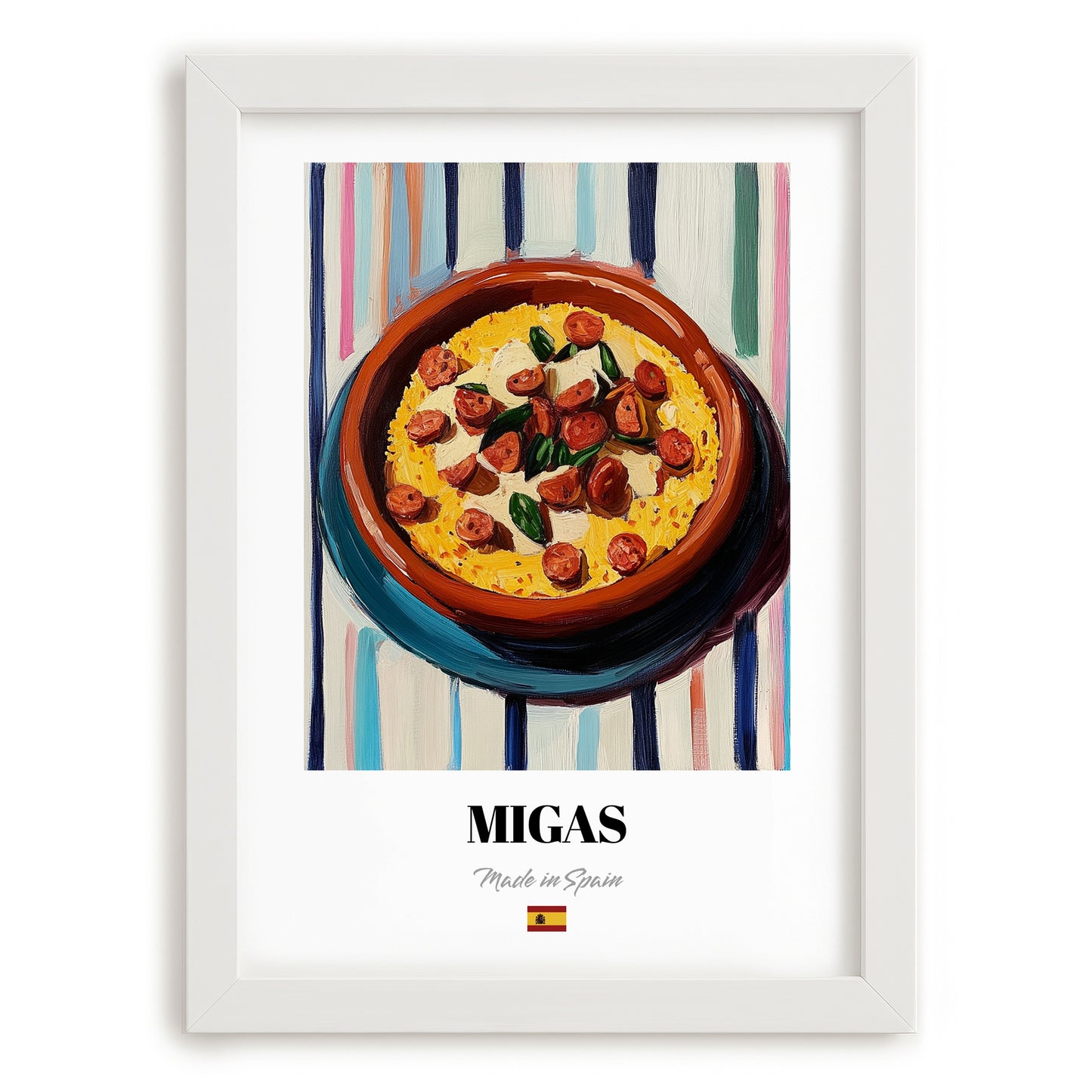 Migas – on Striped Tablecloth, Spanish Food Painting, placed in minimal white frame