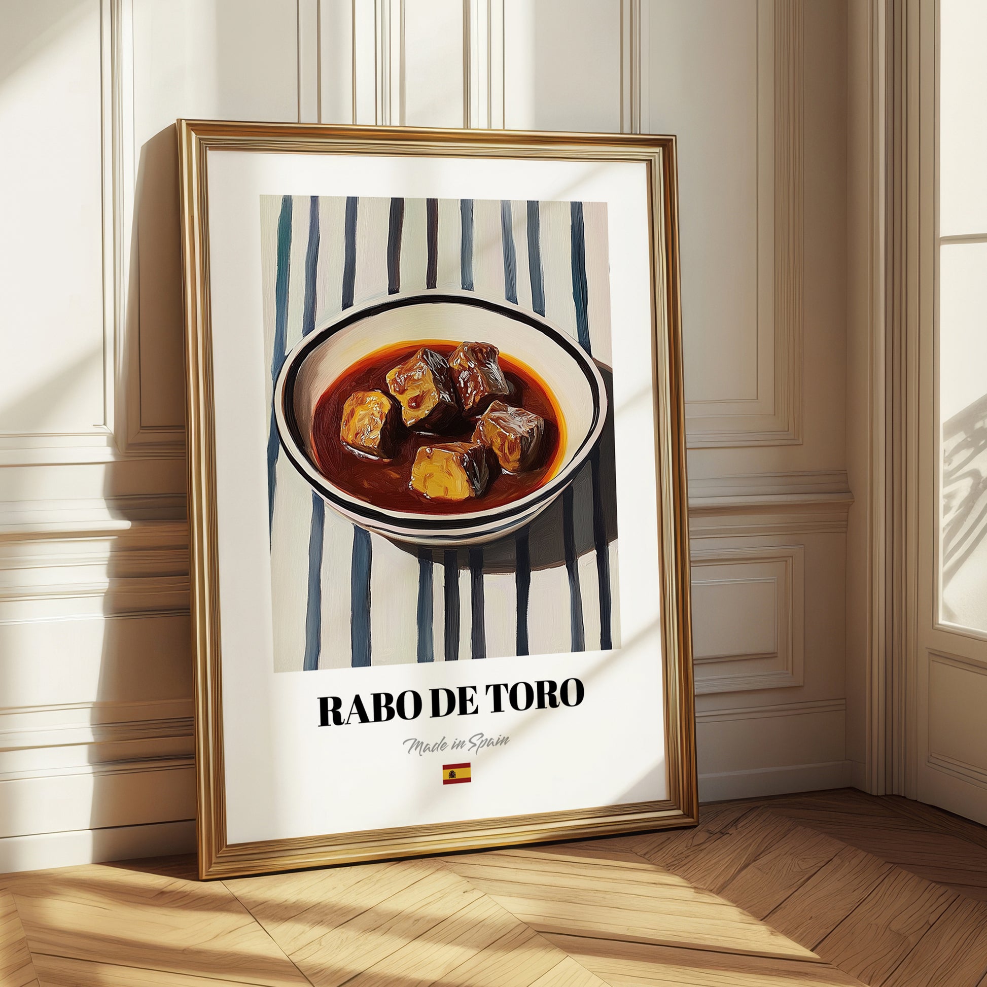 Rabo de Toro – on Striped Tablecloth, Spanish Food Painting