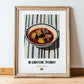 Rabo de Toro – on Striped Tablecloth, Spanish Food Painting, in wooden frame leaning on the floor