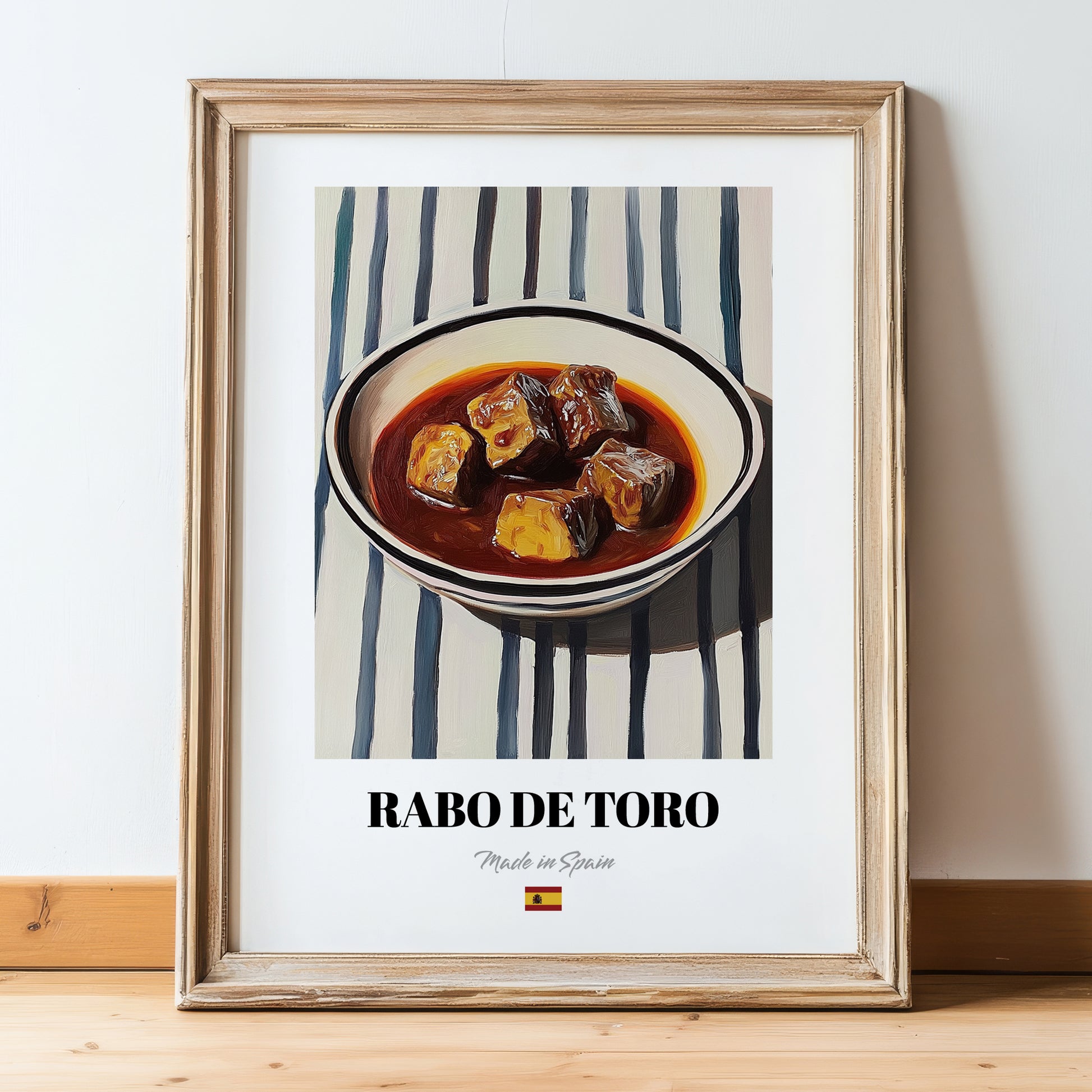 Rabo de Toro – on Striped Tablecloth, Spanish Food Painting, in wooden frame leaning on the floor