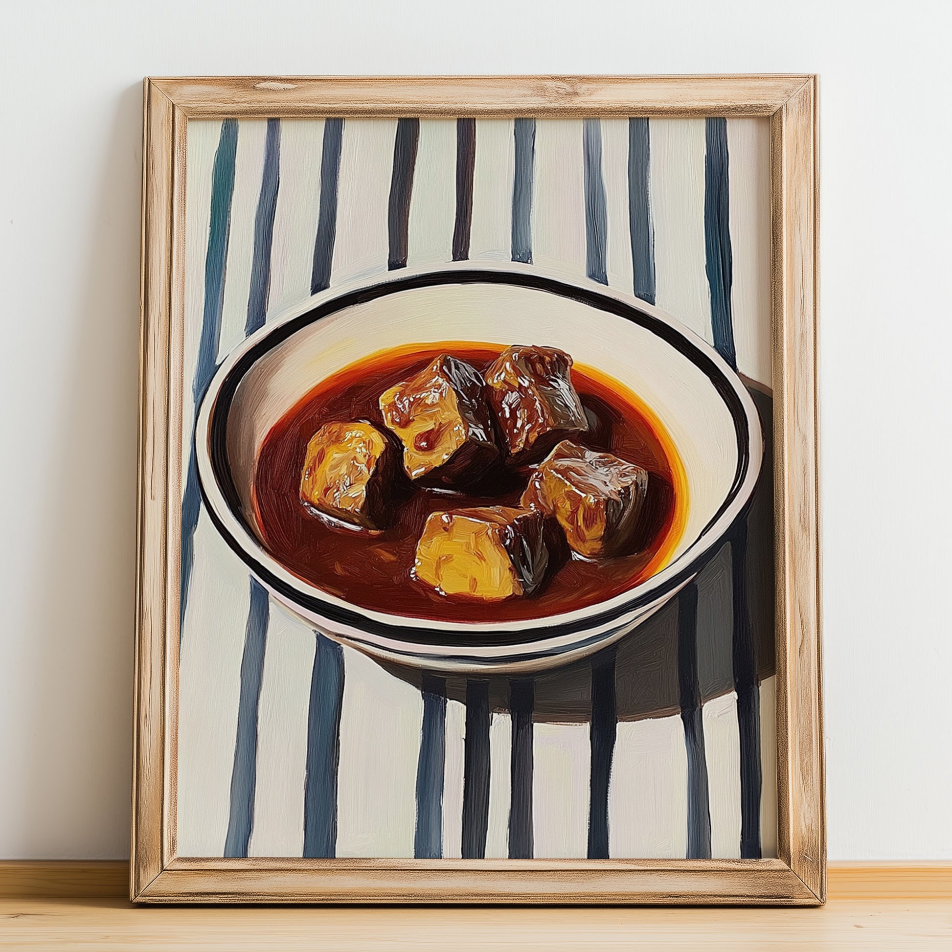 Rabo de Toro – on Striped Tablecloth, Spanish Food Painting, no-text version framed in wood