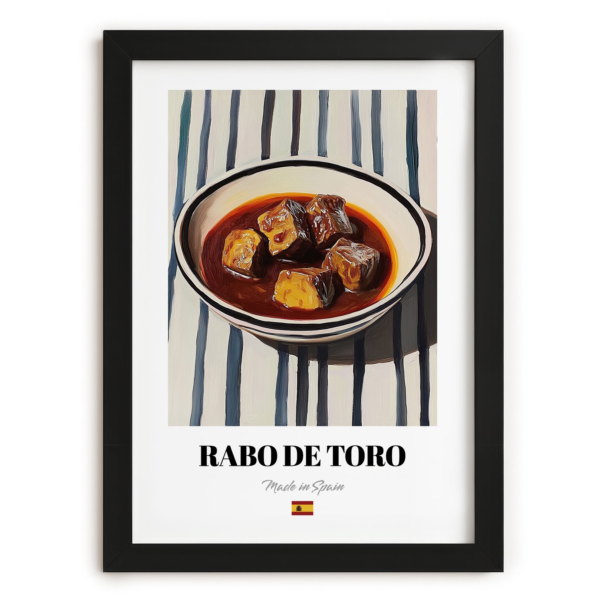 Rabo de Toro – on Striped Tablecloth, Spanish Food Painting, in sleek black frame