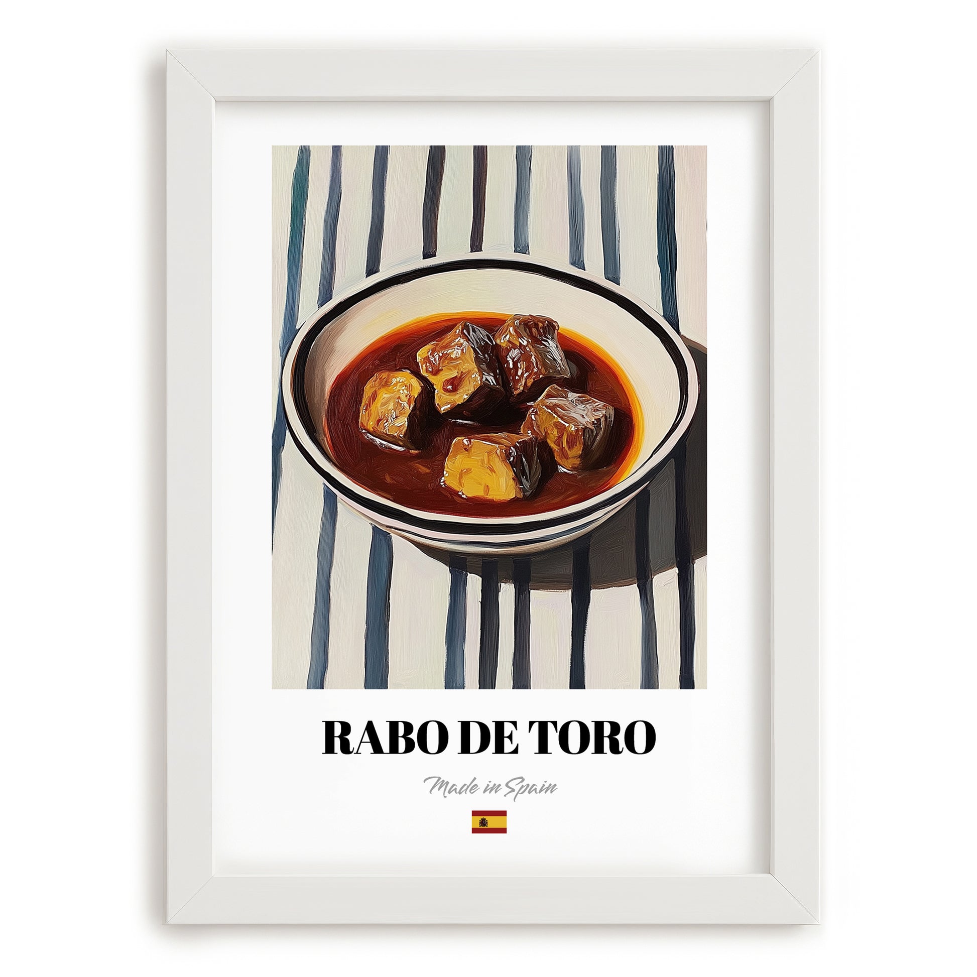 Rabo de Toro – on Striped Tablecloth, Spanish Food Painting, placed in minimal white frame