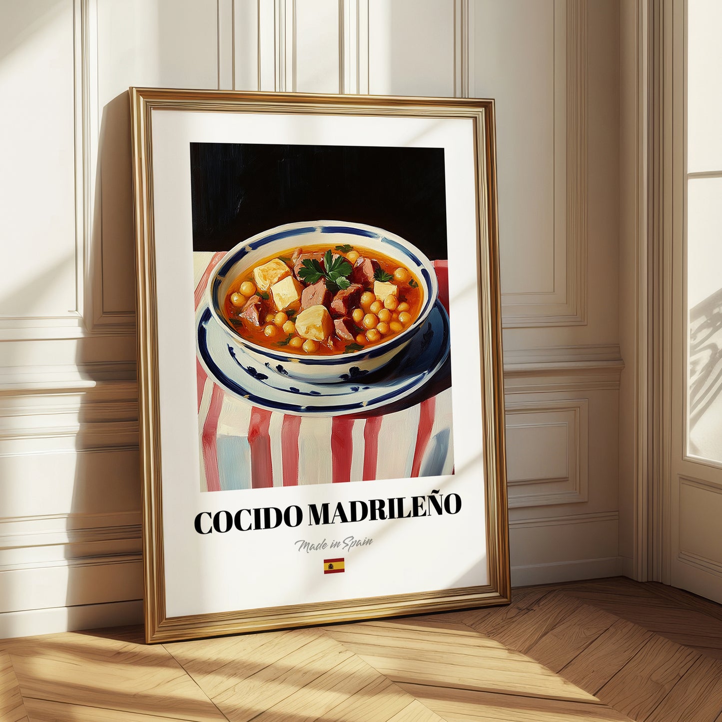 Cocido Madrileño – on Striped Tablecloth, Spanish Food Still Life