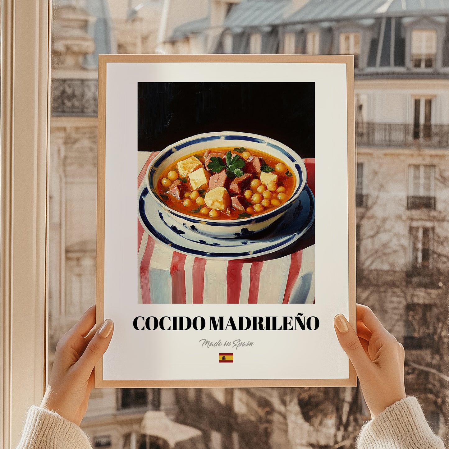 Cocido Madrileño – on Striped Tablecloth, Spanish Food Still Life, styled in a charming Paris street view
