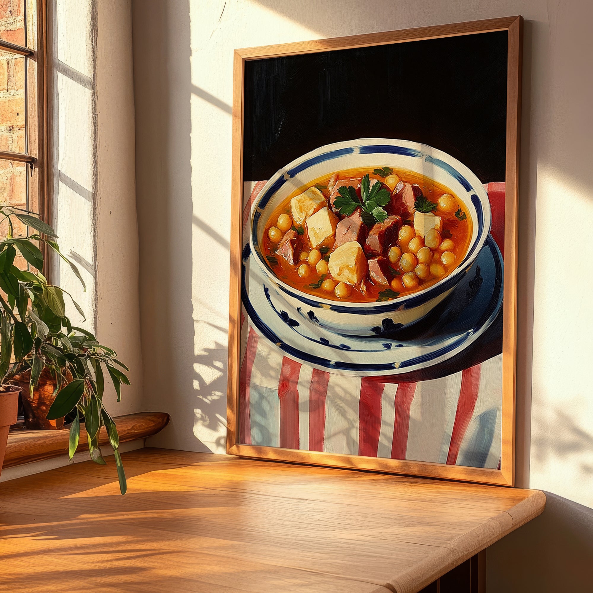 Cocido Madrileño – on Striped Tablecloth, Spanish Food Still Life, clean layout with no caption