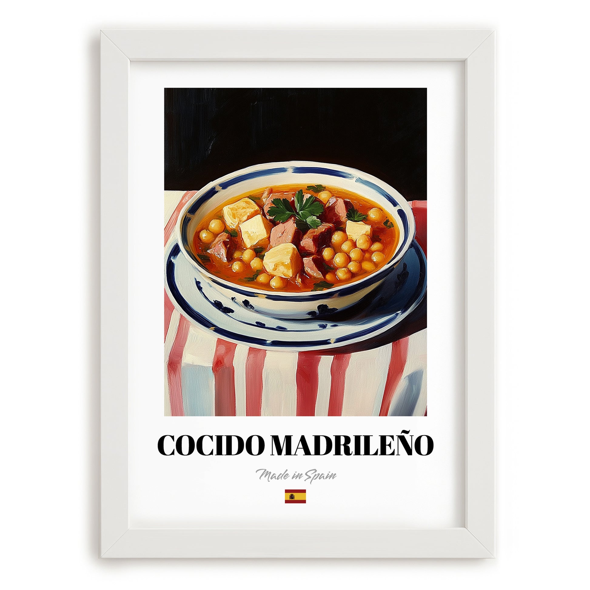 Cocido Madrileño – on Striped Tablecloth, Spanish Food Still Life, placed in minimal white frame