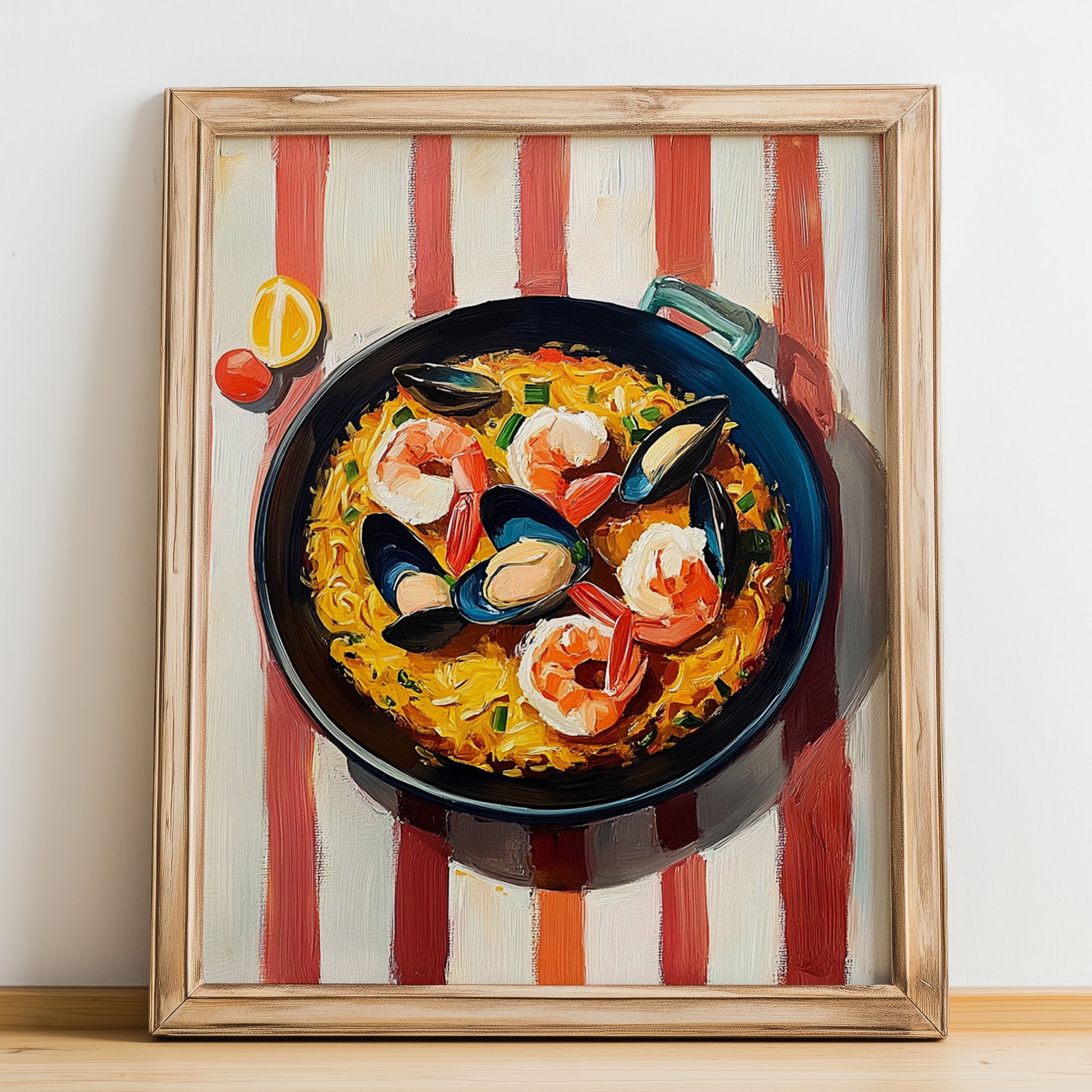 Fideuà – on Striped Tablecloth, Spanish Pasta Wall Print, no-text version framed in wood