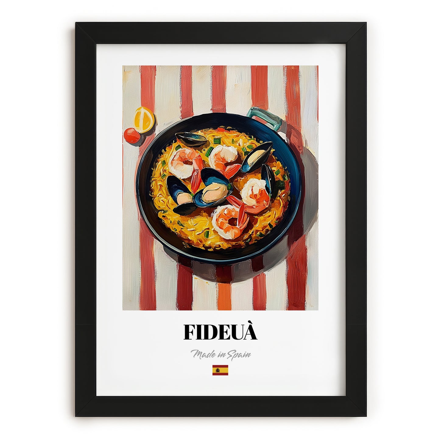 Fideuà – on Striped Tablecloth, Spanish Pasta Wall Print, in sleek black frame