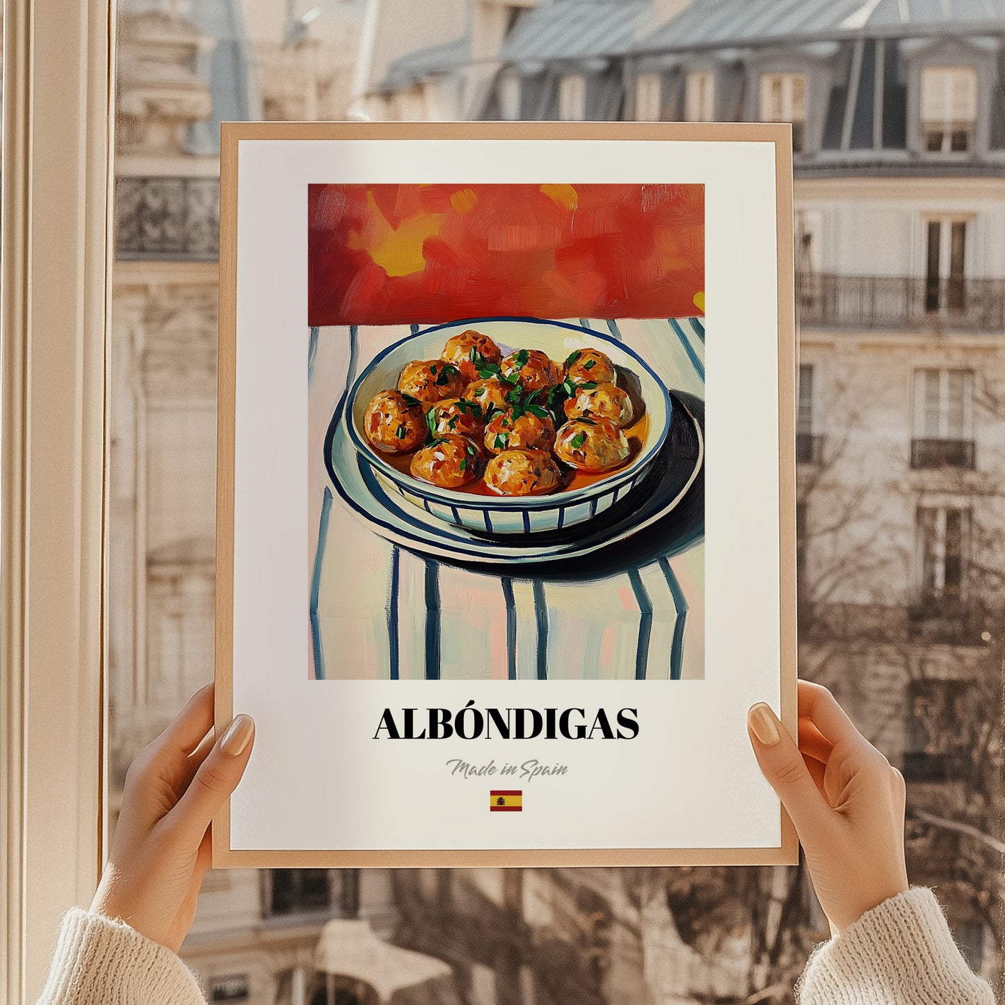 Albóndigas – Colorful Oil Painting, Spanish Food Poster, styled in a charming Paris street view