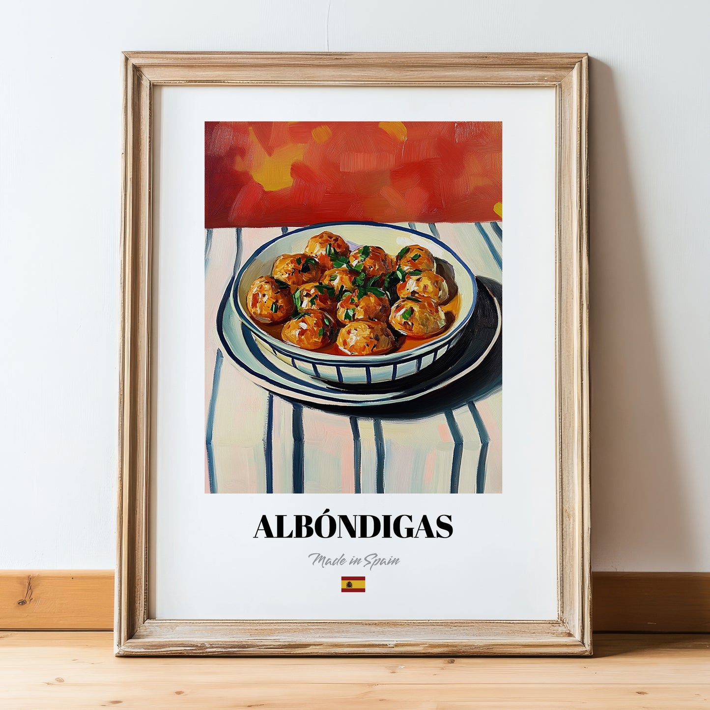 Albóndigas – Colorful Oil Painting, Spanish Food Poster, in wooden frame leaning on the floor