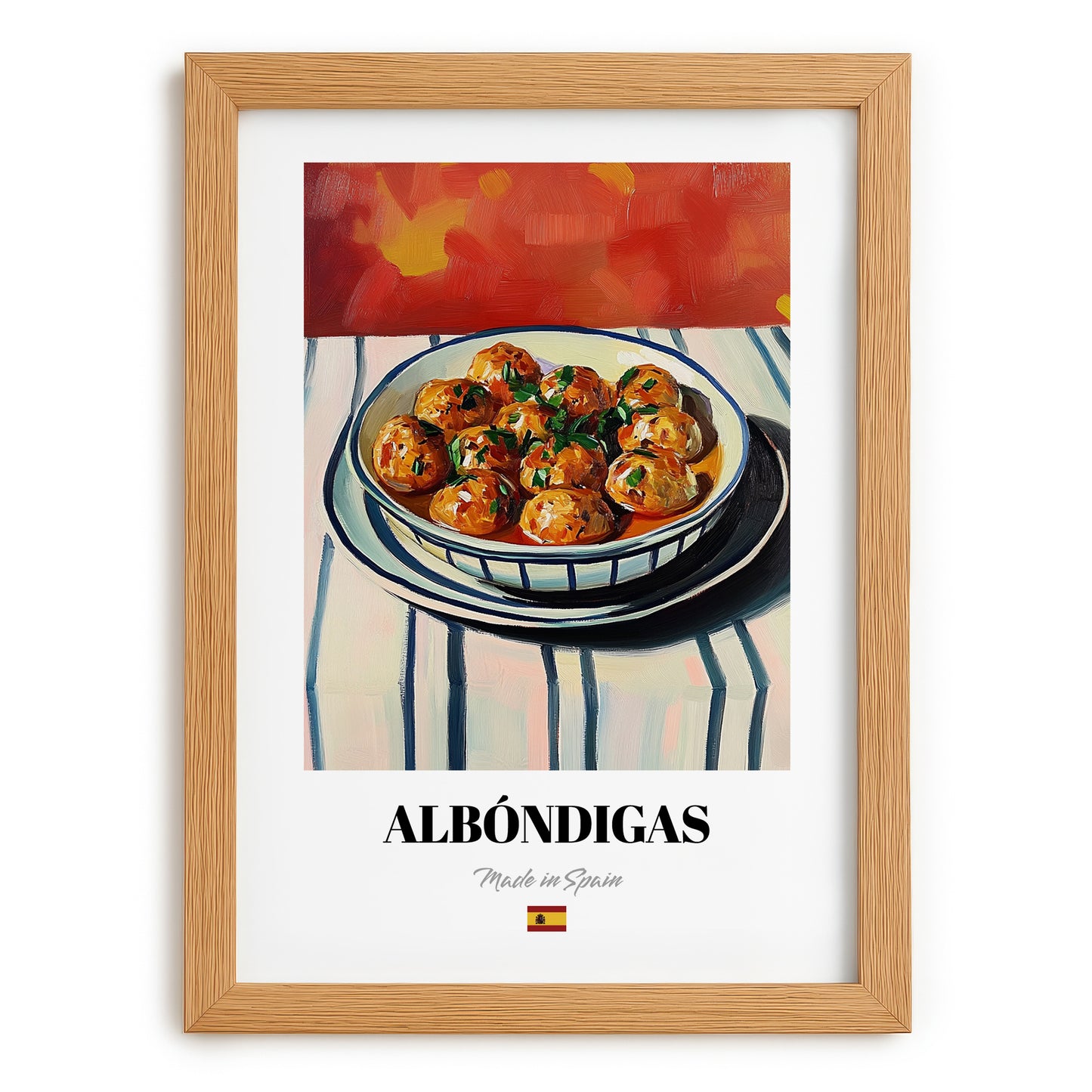 Albóndigas – Colorful Oil Painting, Spanish Food Poster, set in oak frame