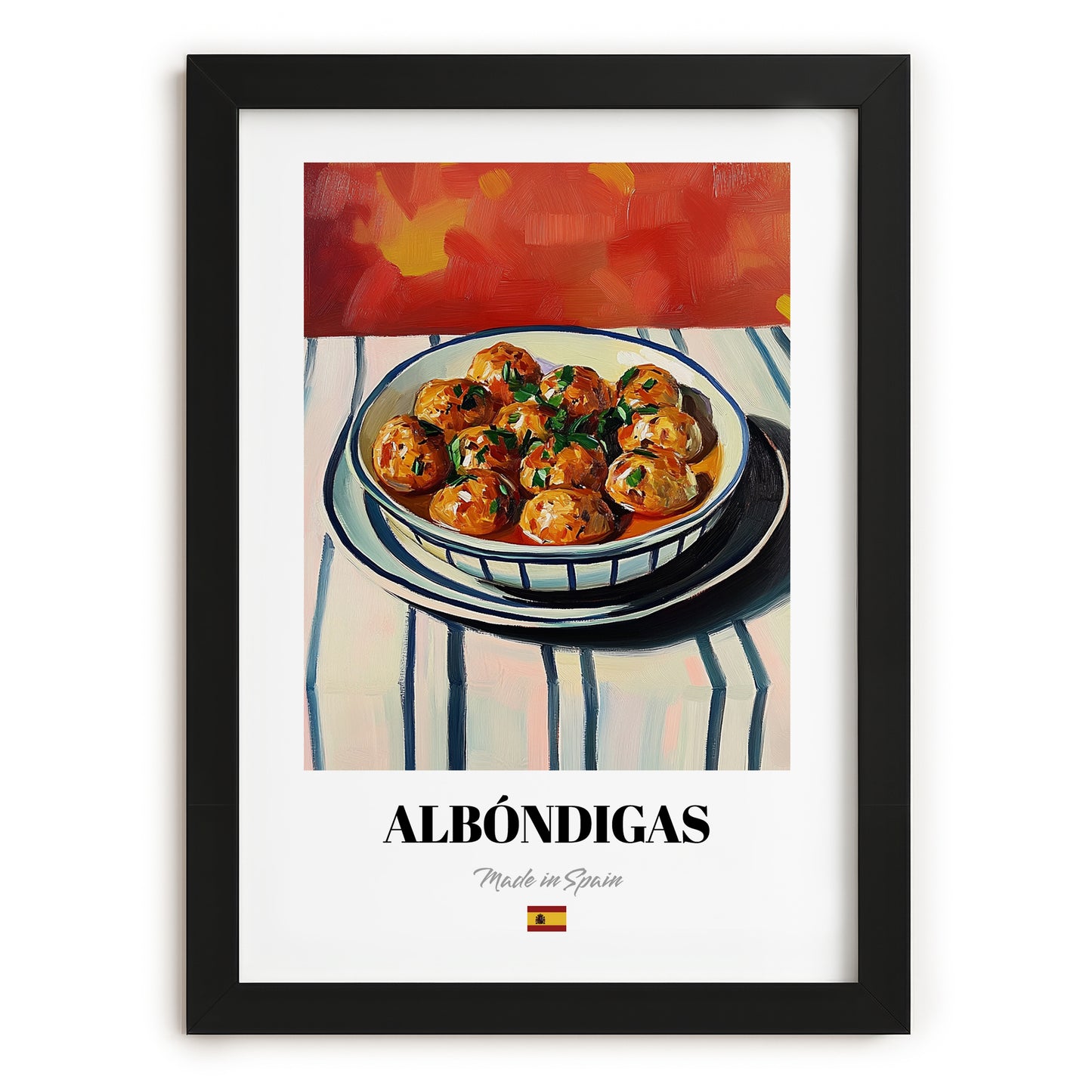 Albóndigas – Colorful Oil Painting, Spanish Food Poster, in sleek black frame