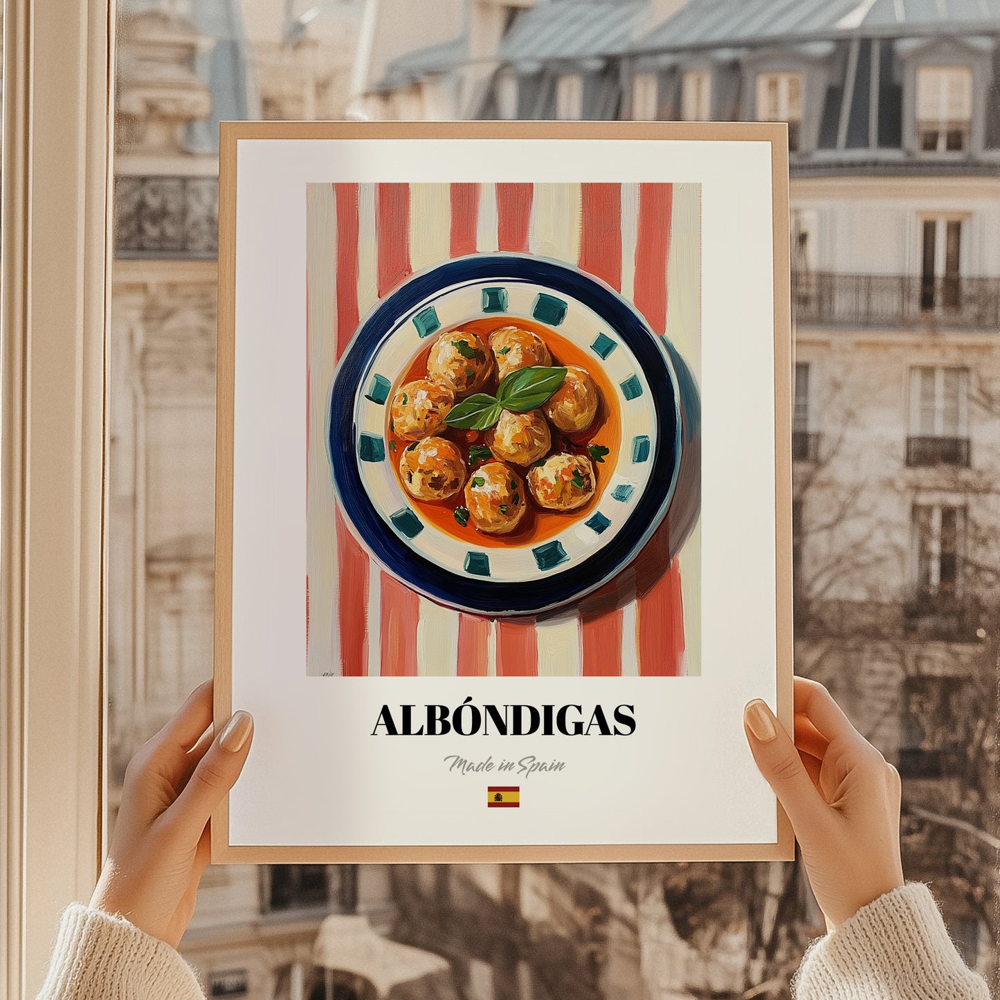 Albóndigas – on Striped Tablecloth, Spanish Food Wall Decor, styled in a charming Paris street view